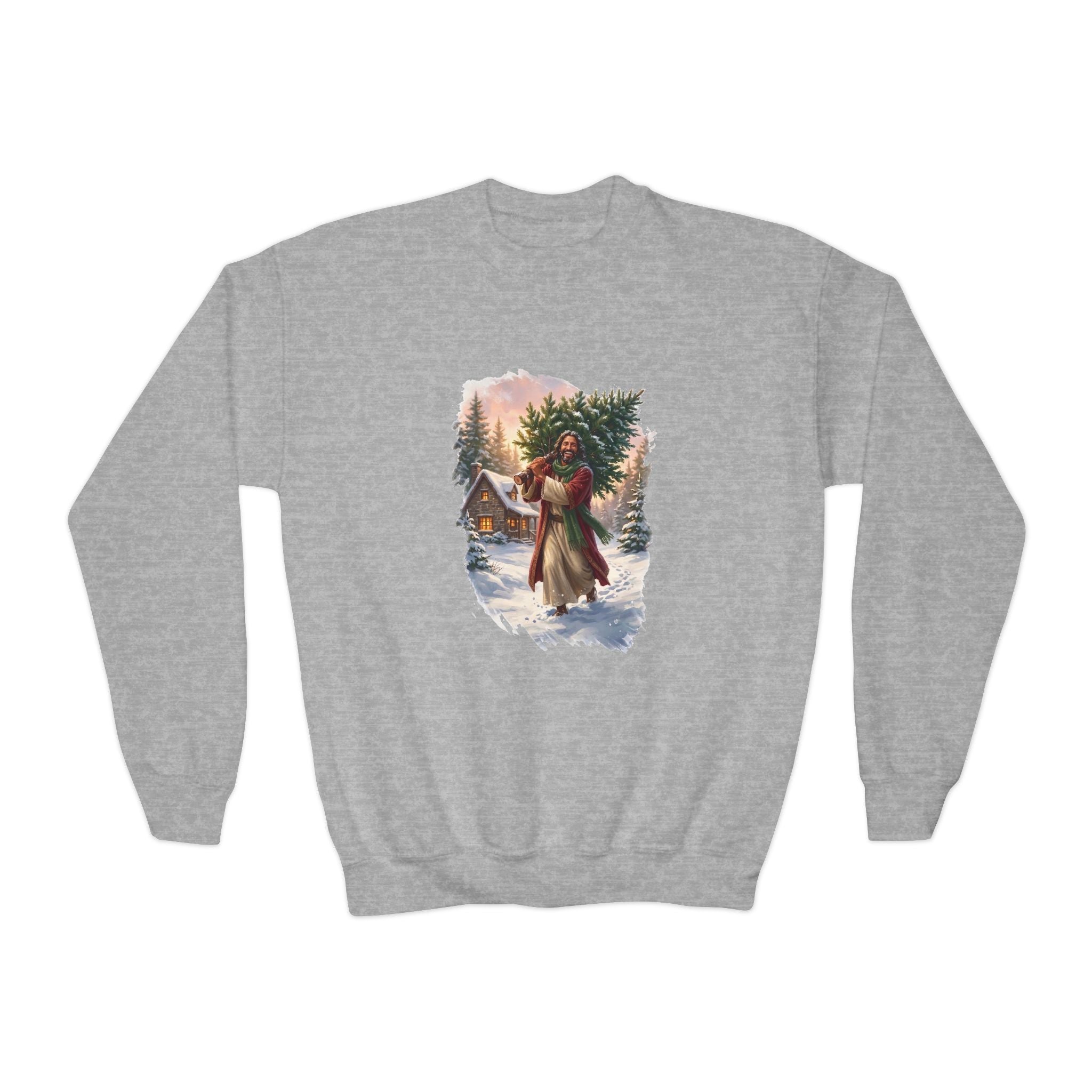 Kids Jesus Christmas Tree Sweatshirt | Jesus Carrying a Christmas Tree Christian Christmas Kids Crewneck Sweatshirt | Joyful Jesus