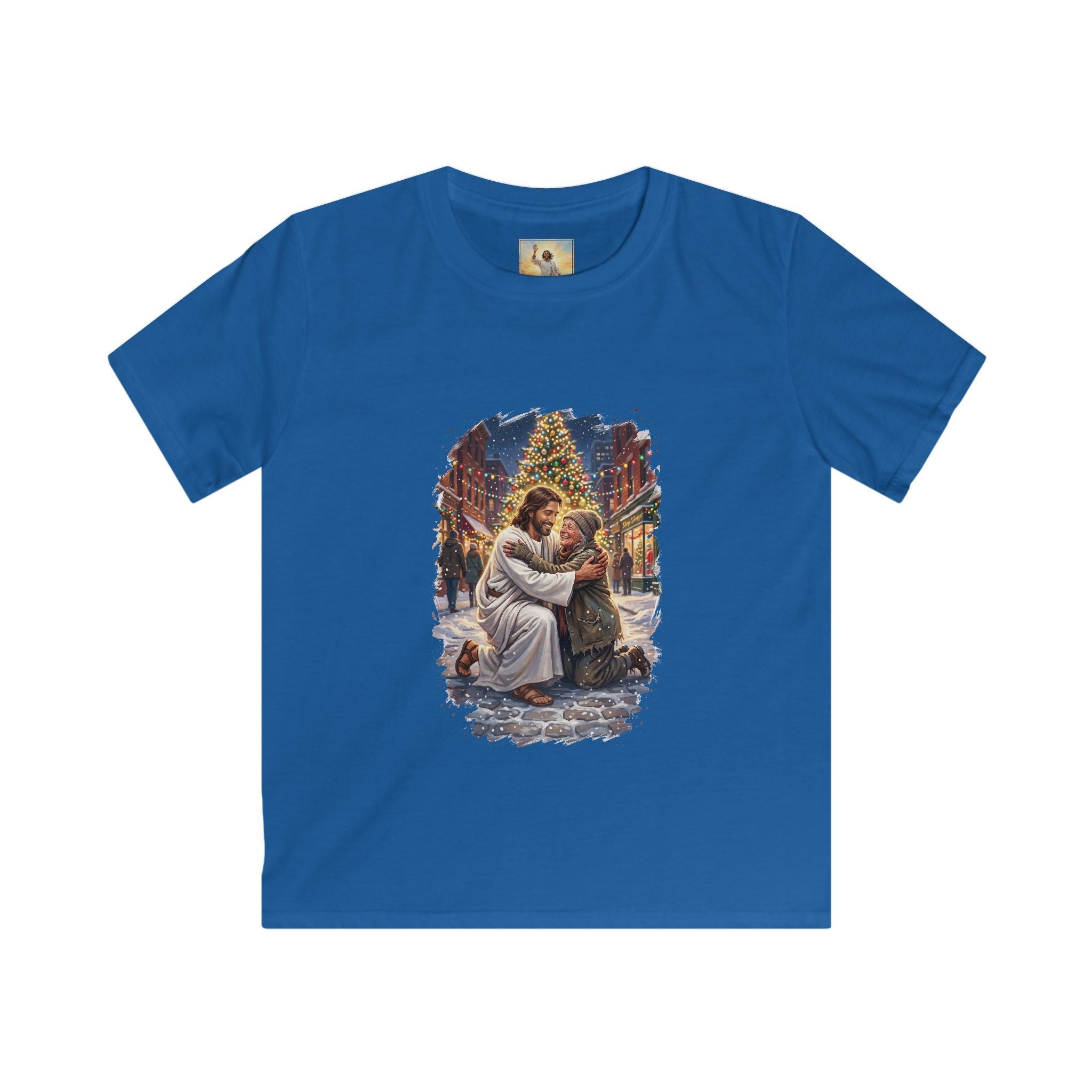 Kids Jesus Hug Shirt | Jesus Embracing a Stranger on Christmas Night Christian Kids T Shirt | Joyful Jesus