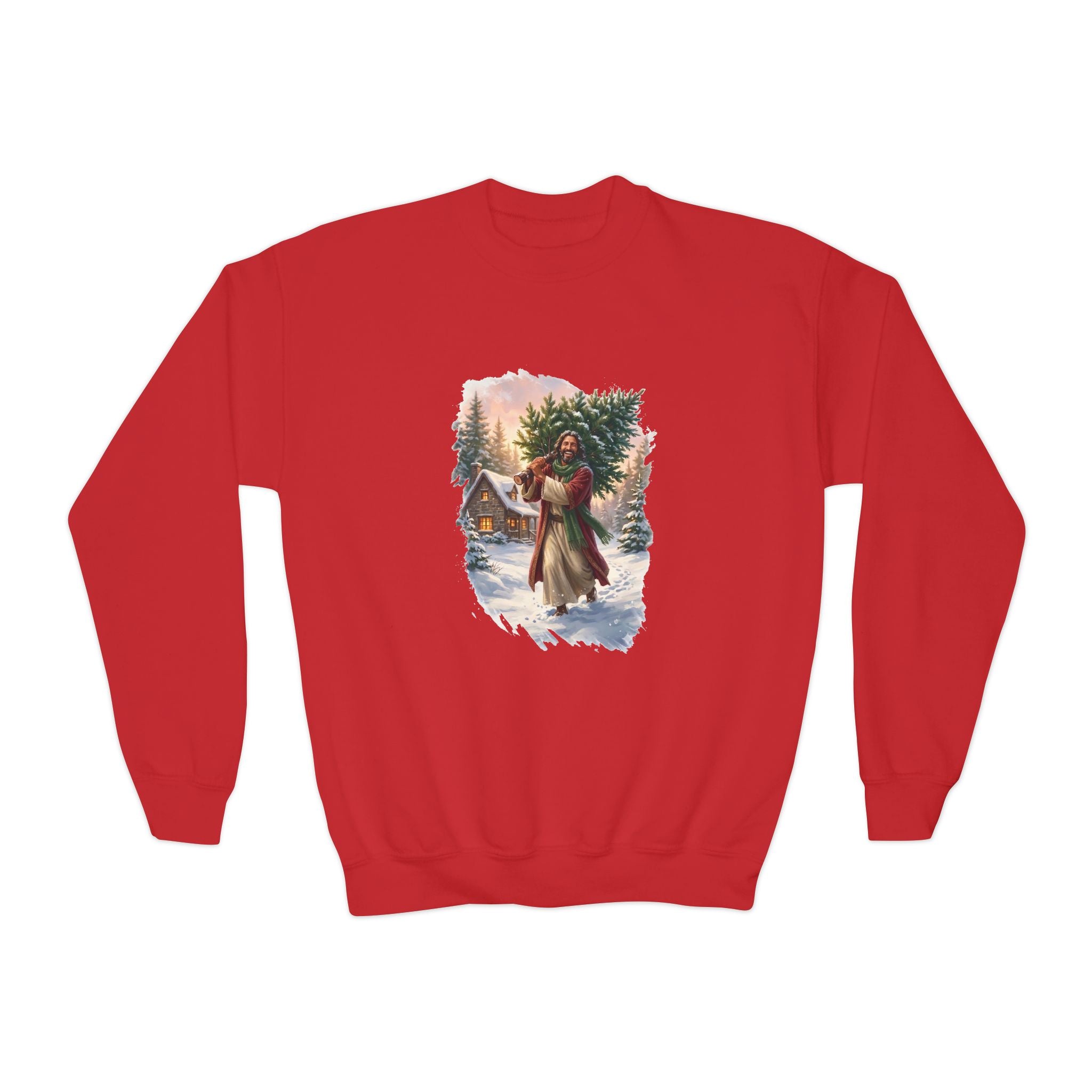 Kids Jesus Christmas Tree Sweatshirt | Jesus Carrying a Christmas Tree Christian Christmas Kids Crewneck Sweatshirt | Joyful Jesus