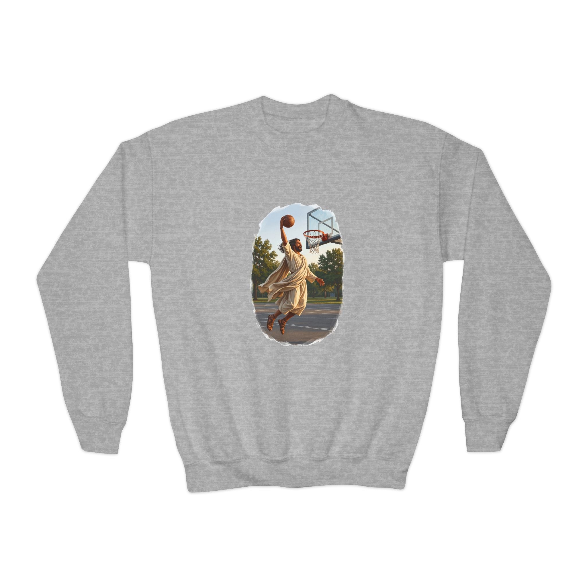 Kids Jesus Dunking Sweatshirt | Jesus Slam Dunk Funny Christian Basketball Kids Crewneck Sweatshirt | Joyful Jesus
