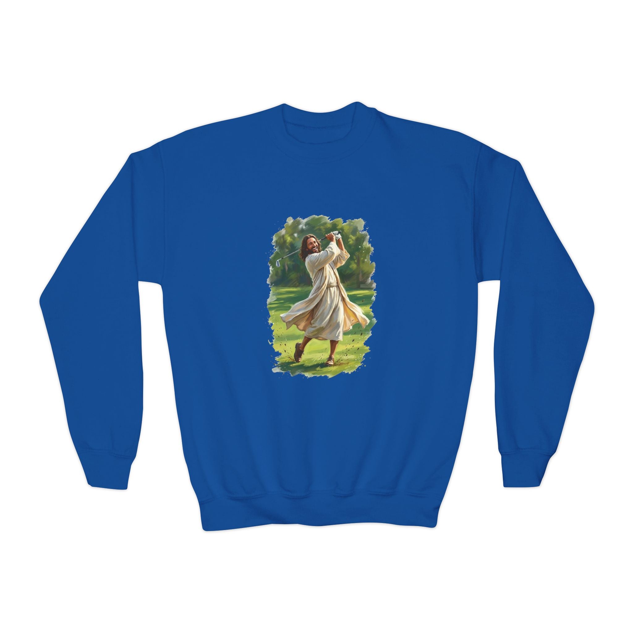 Kids God Sweatshirt | Jesus Playing Golf Christian Kids Crewneck Sweatshirt | Faith Apparel