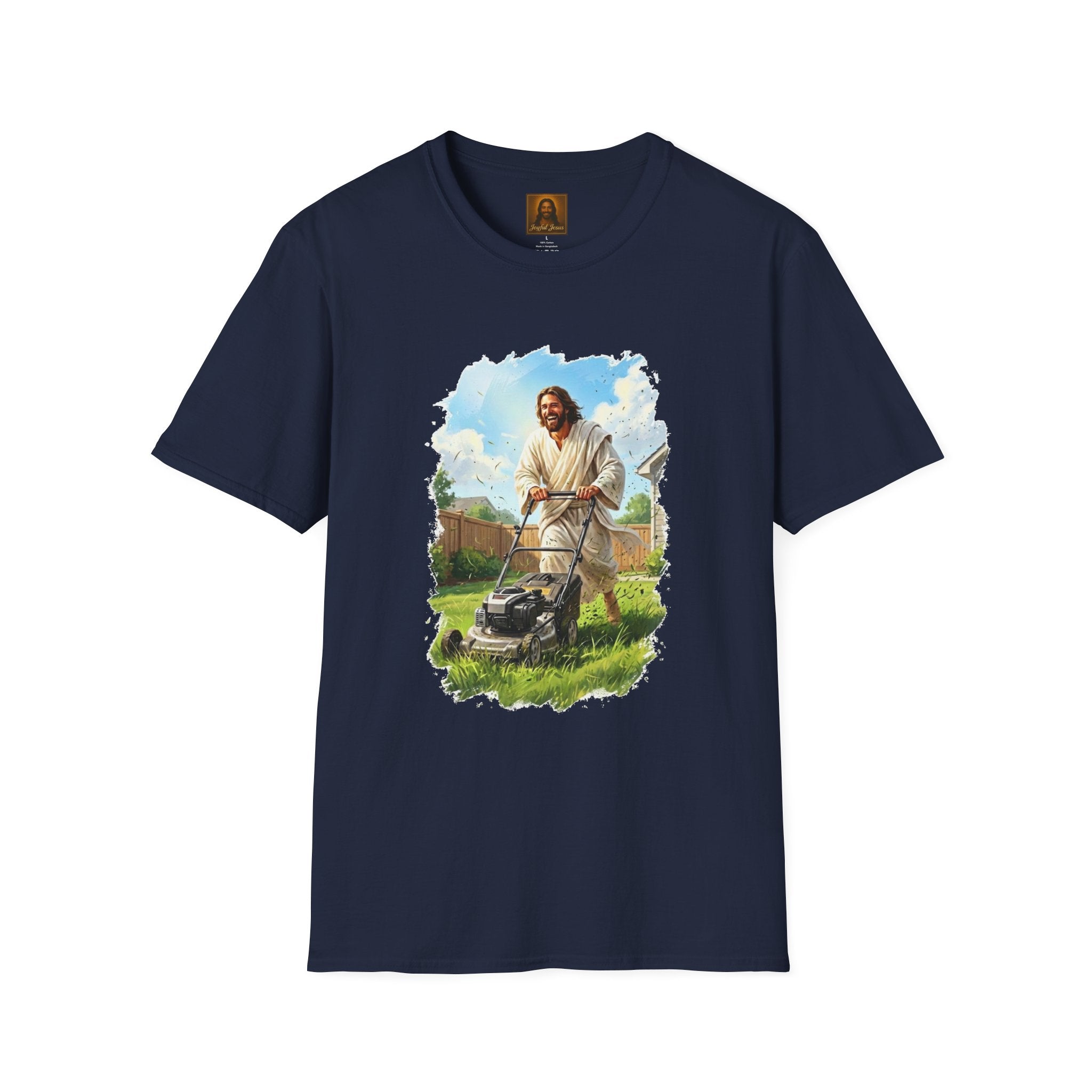 Jesus Mowing Lawn T-Shirt | Jesus with Lawn Mower, Religious Humorous Tee