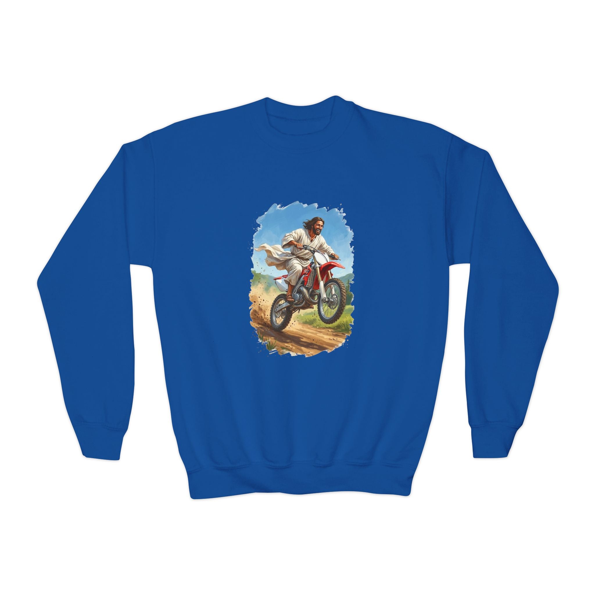 Kids Funny Jesus Sweatshirt | Jesus on a Dirtbike Christian Kids Crewneck Sweatshirt | Joyful Jesus
