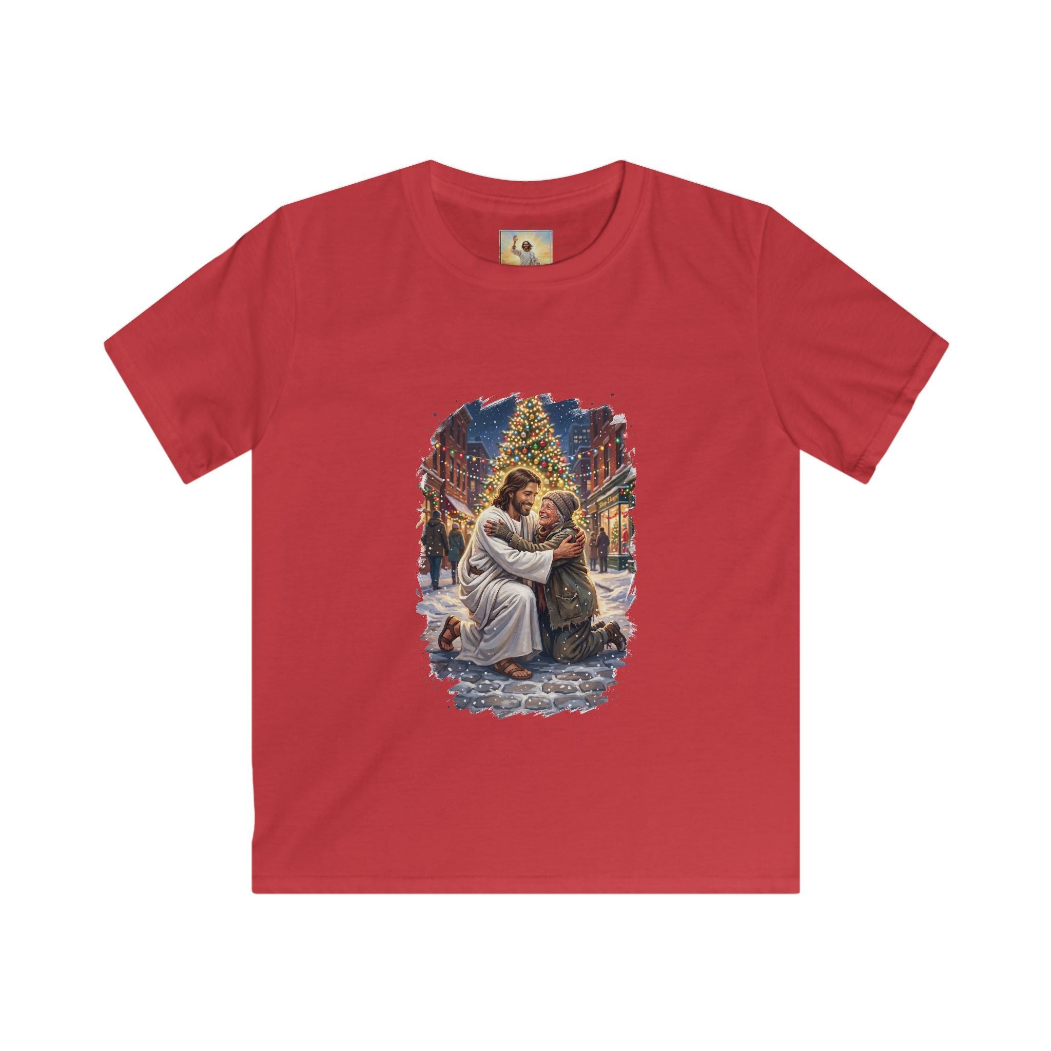 Kids Jesus Hug Shirt | Jesus Embracing a Stranger on Christmas Night Christian Kids T Shirt | Joyful Jesus
