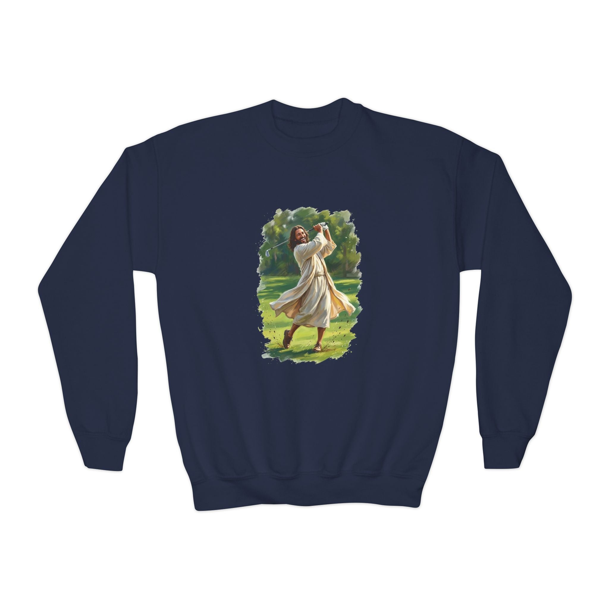 Kids God Sweatshirt | Jesus Playing Golf Christian Kids Crewneck Sweatshirt | Faith Apparel