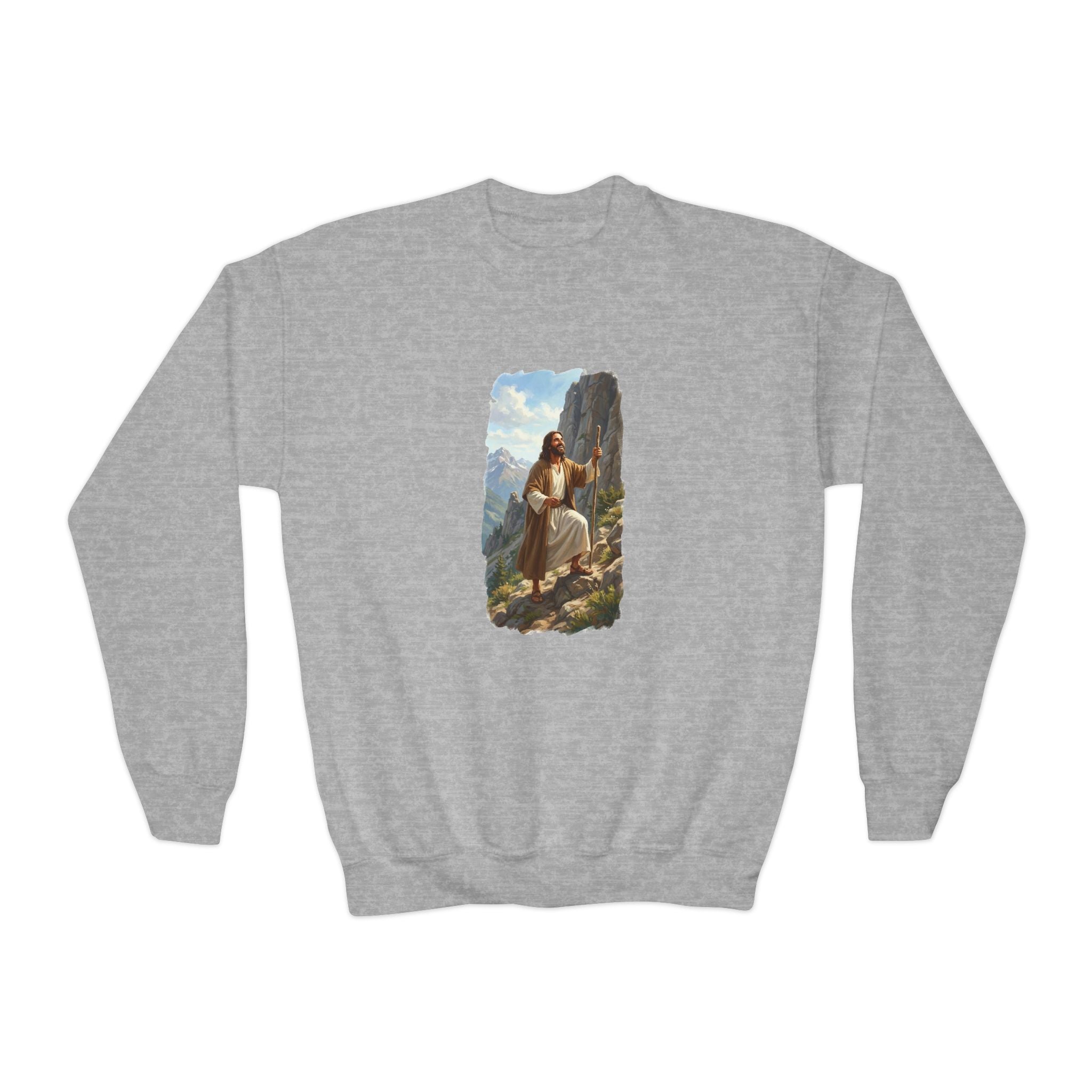 Kids God Sweatshirt | Jesus Hiking Mountain Christian Kids Crewneck Sweatshirt | Faith Apparel