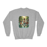 Kids Christian Sweatshirt | Jesus with Baby Otters Funny Christian Kids Crewneck Sweatshirt | Joyful Jesus