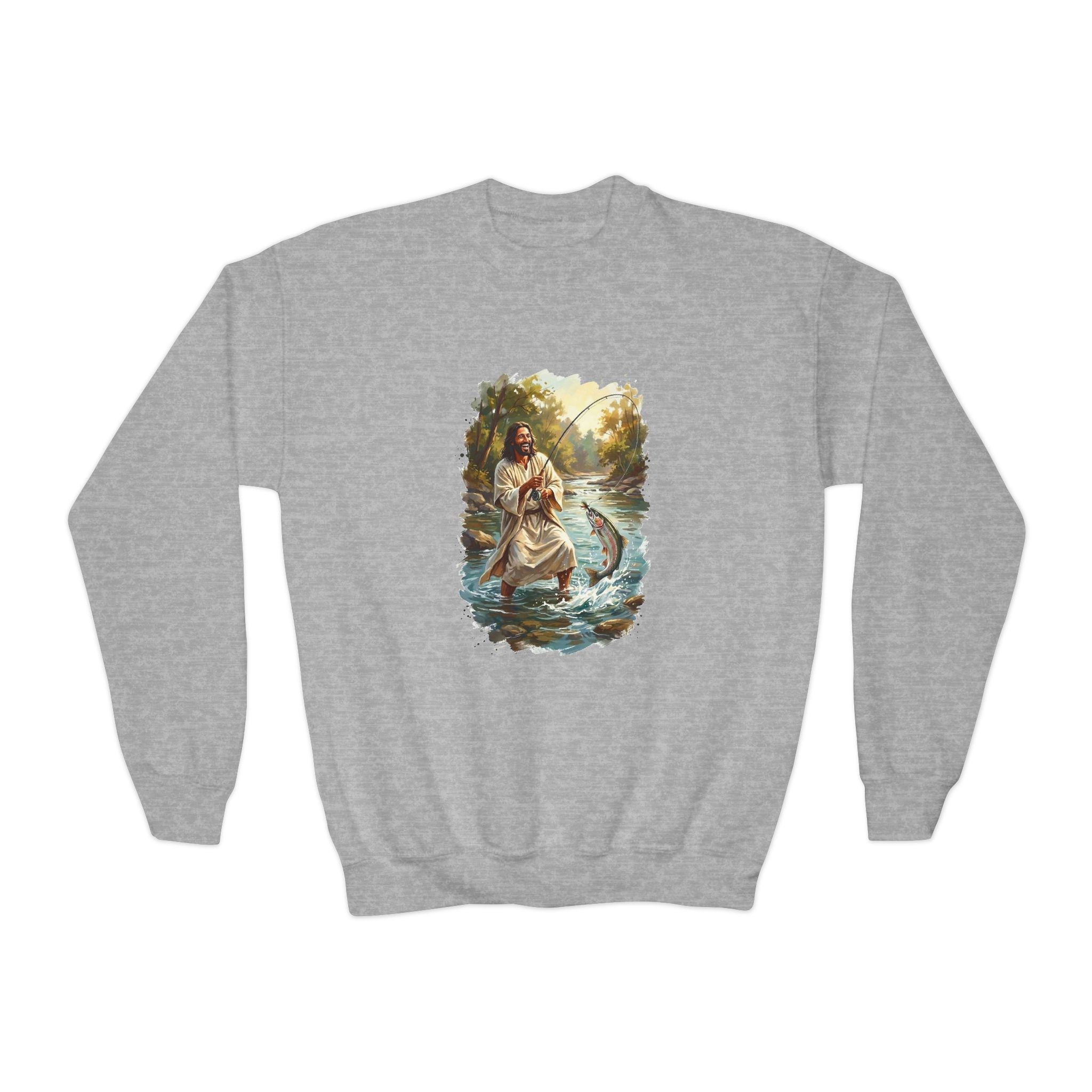 Kids Jesus Sweatshirt | Fly Fishing Jesus Christian Kids Crewneck Sweatshirt | Joyful Jesus God Sweatshirt