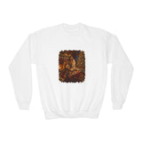 Kids Christmas Eve Jesus Sweatshirt | Jesus by the Fire with Sleeping Children Christian Kids Crewneck Sweatshirt | Joyful Jesus