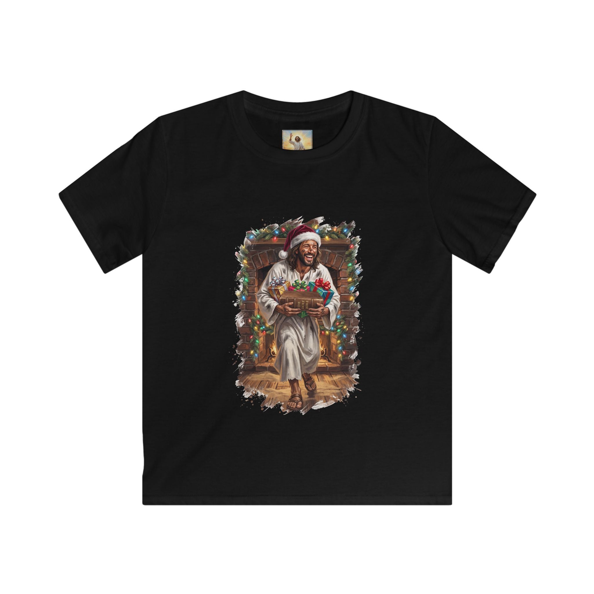 Kids Jesus Santa Hat Shirt | Jesus Down the Chimney with Gifts Funny Christmas Kids T Shirt | Joyful Jesus