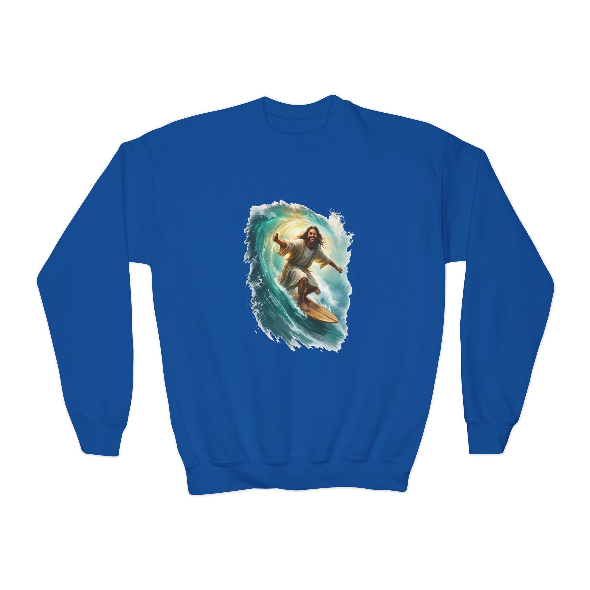 Kids Jesus Sweatshirt | Surfing Jesus Funny Christian Kids Crewneck Sweatshirt | Joyful Jesus