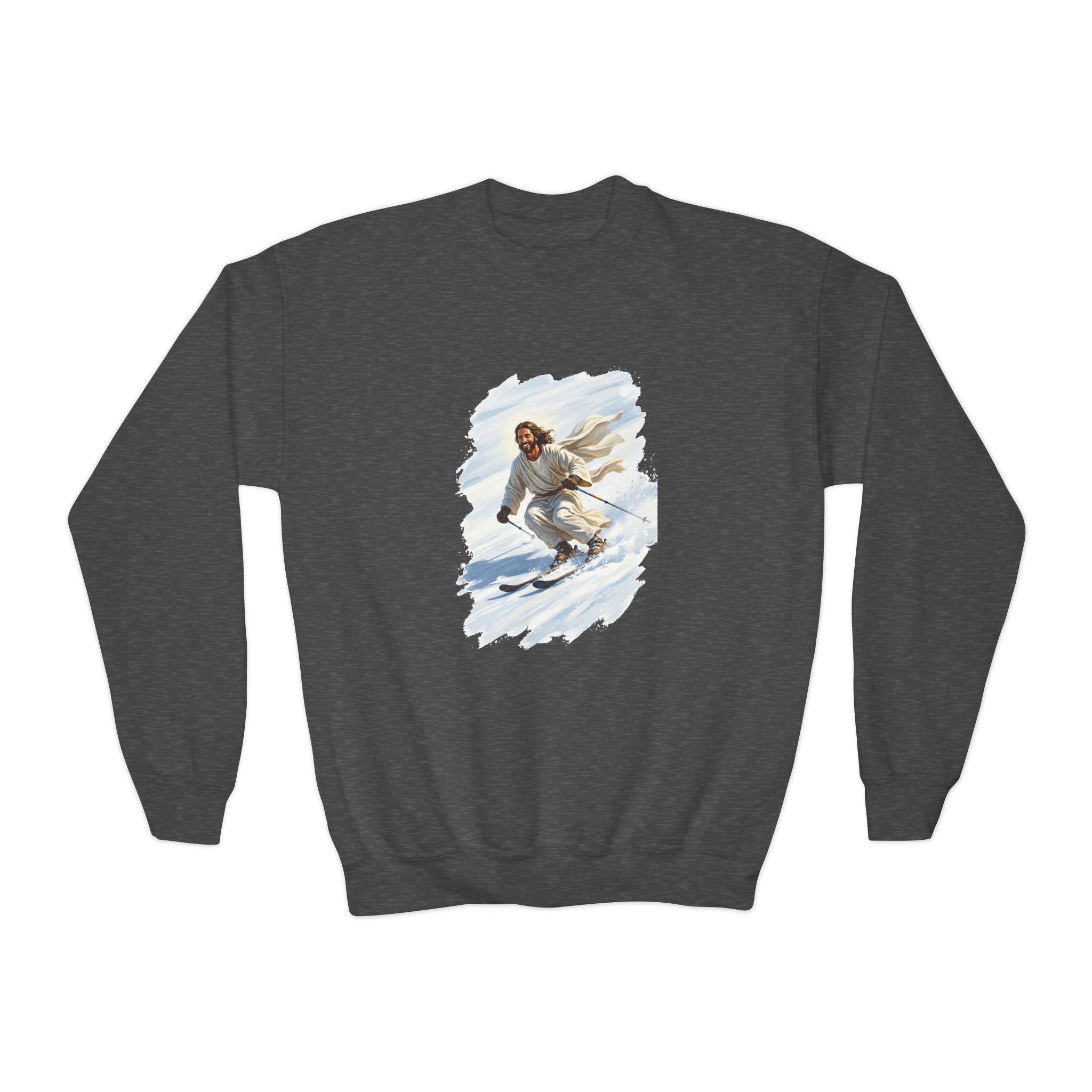 Kids Jesus Sweatshirt | Skiing Jesus Christian Apparel Kids Crewneck Sweatshirt | Joyful Jesus Faith Sweatshirt