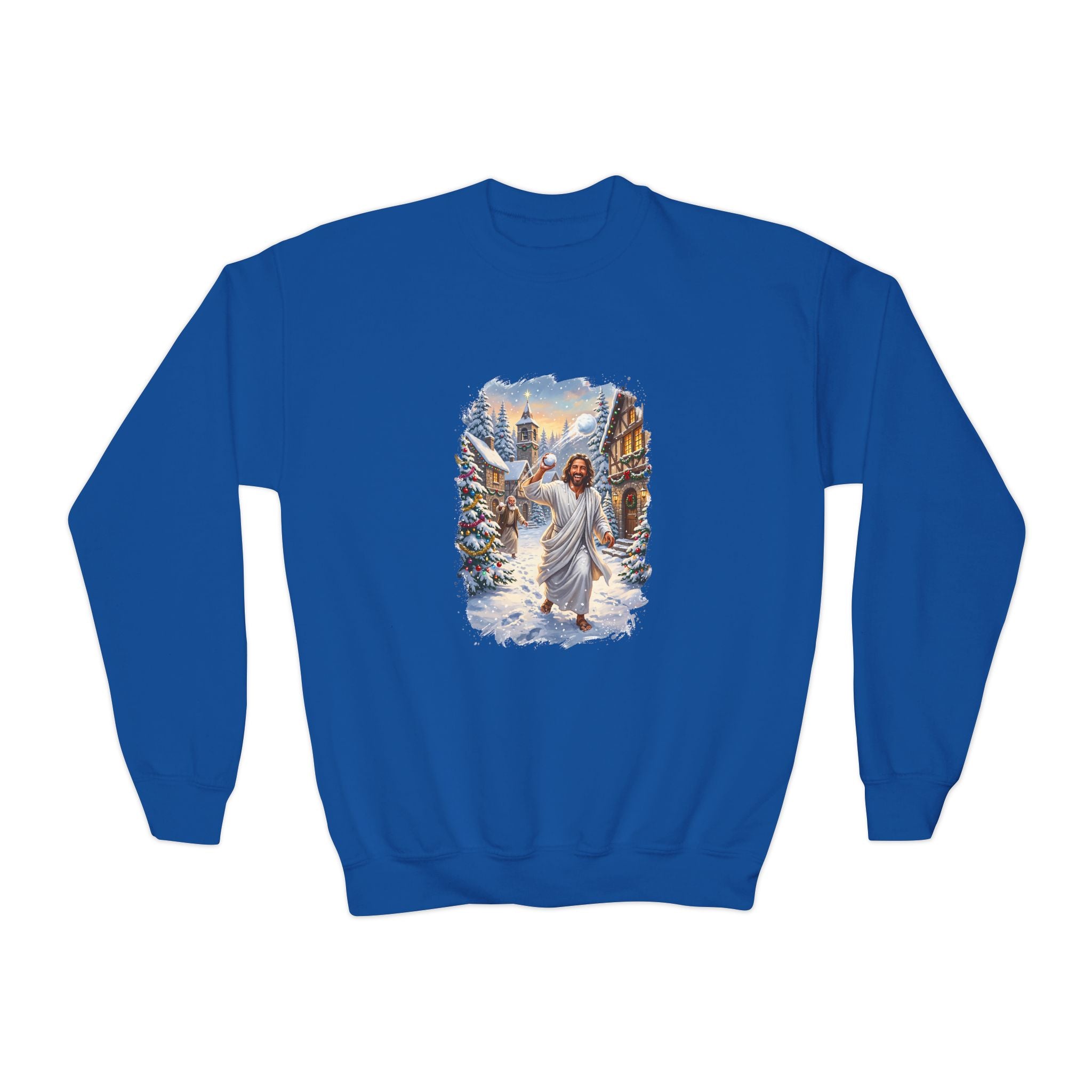 Kids Jesus Snowball Fight Sweatshirt | Funny Christian Christmas Kids Crewneck Sweatshirt | Joyful Jesus