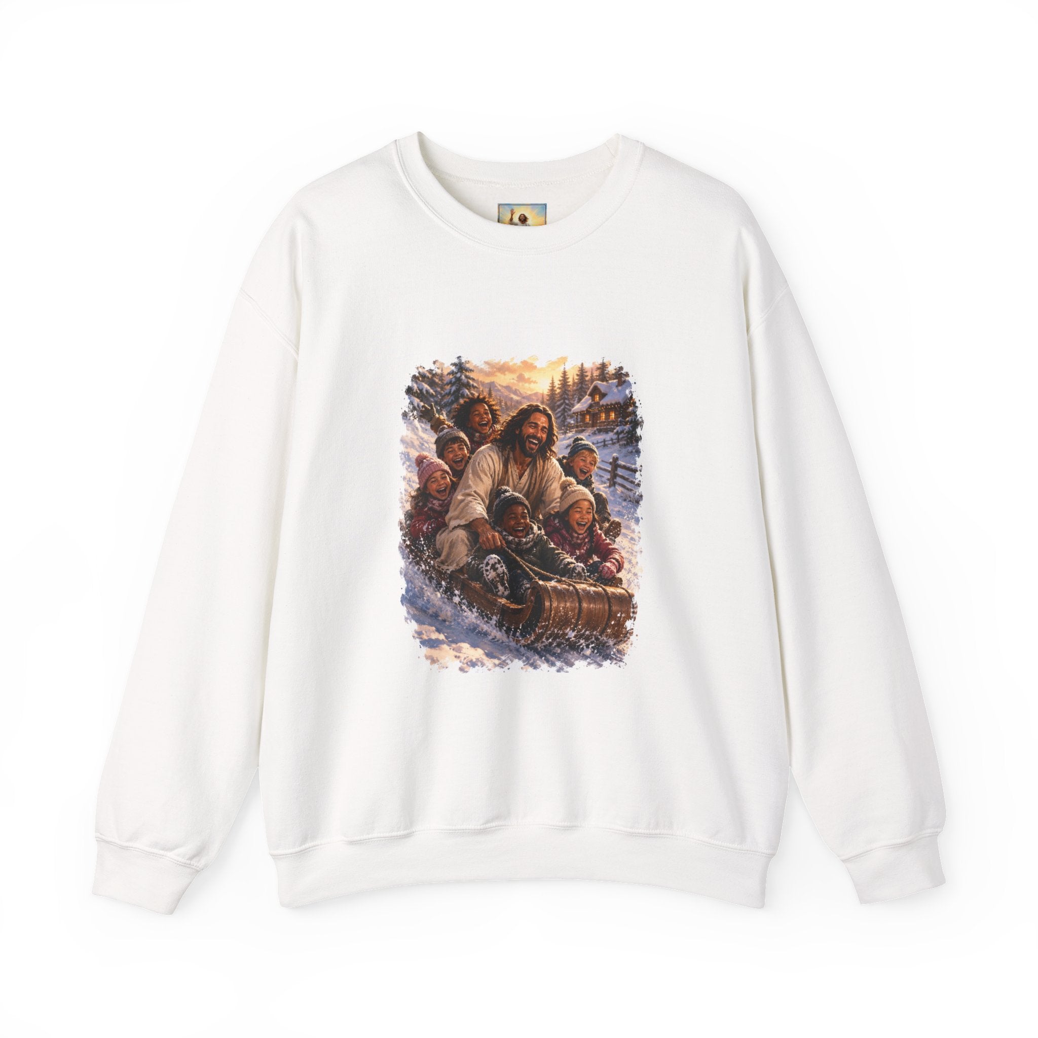 Jesus Christmas Sweatshirt | Sledding with Jesus Christian Christmas Crewneck | Joyful Jesus