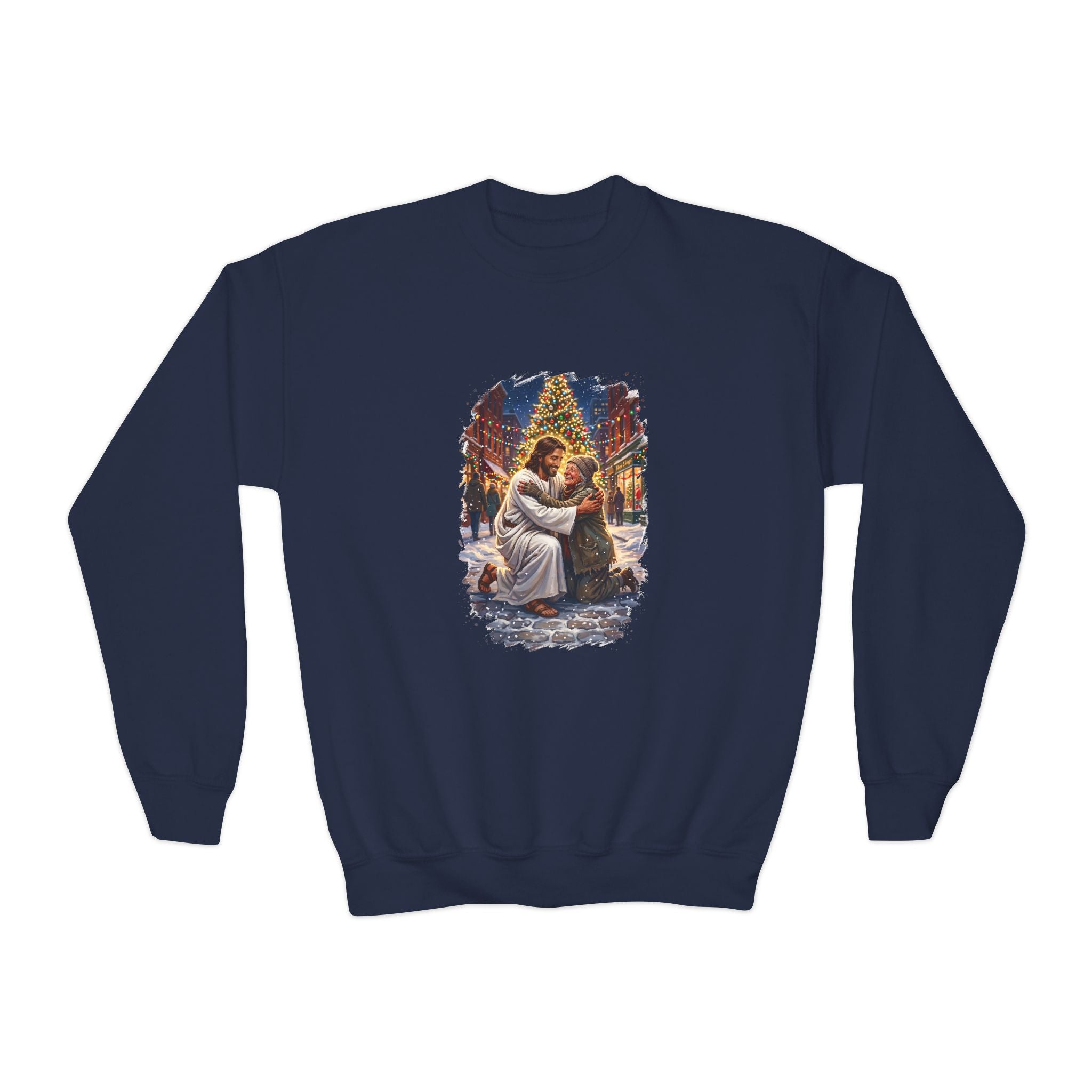 Kids Jesus Hug Sweatshirt | Jesus Embracing a Stranger on Christmas Night Christian Kids Crewneck Sweatshirt | Joyful Jesus