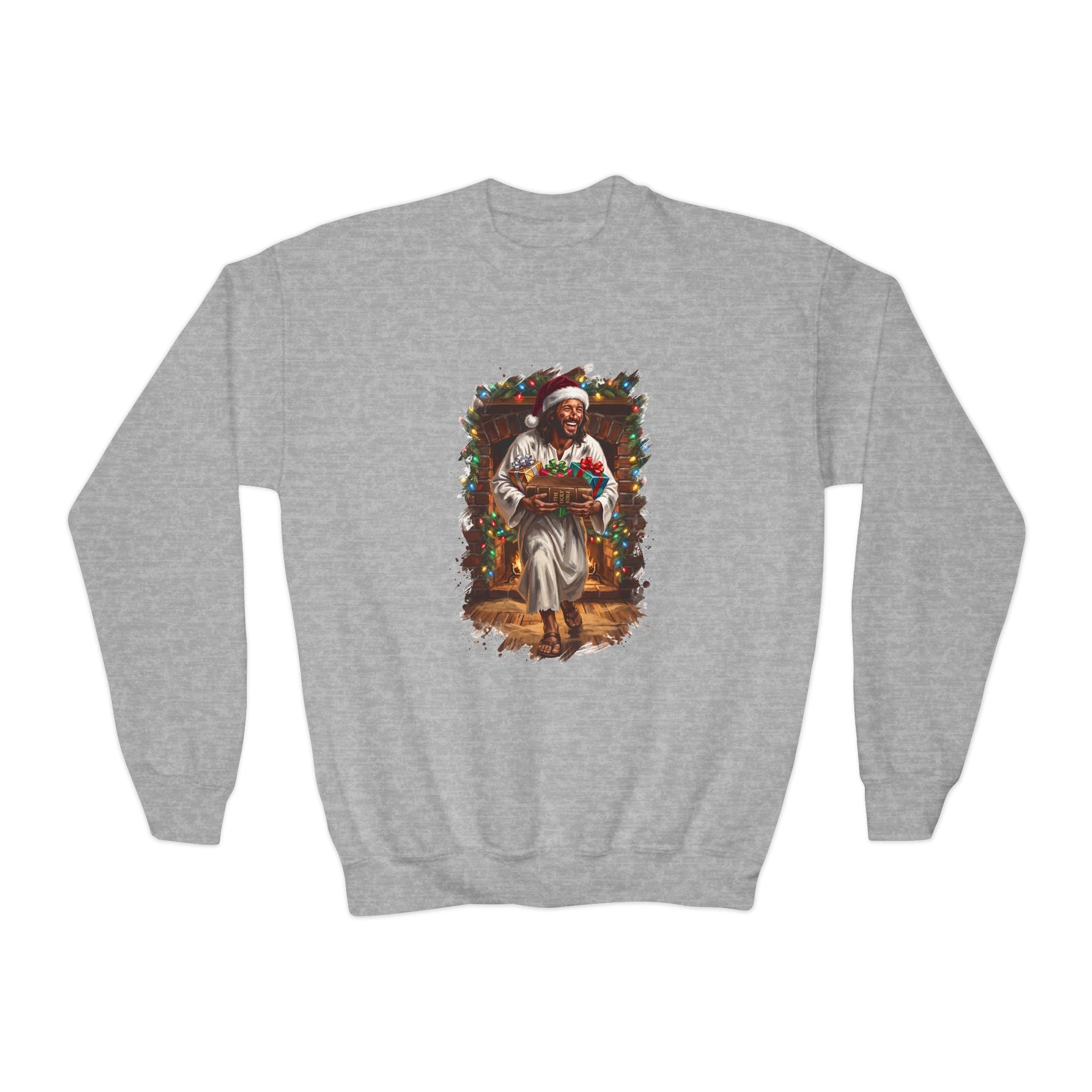 Kids Jesus Santa Hat Sweatshirt | Jesus Down the Chimney with Gifts Funny Christmas Kids Crewneck Sweatshirt | Joyful Jesus