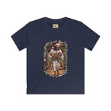 Kids Jesus Santa Hat Shirt | Jesus Down the Chimney with Gifts Funny Christmas Kids T Shirt | Joyful Jesus