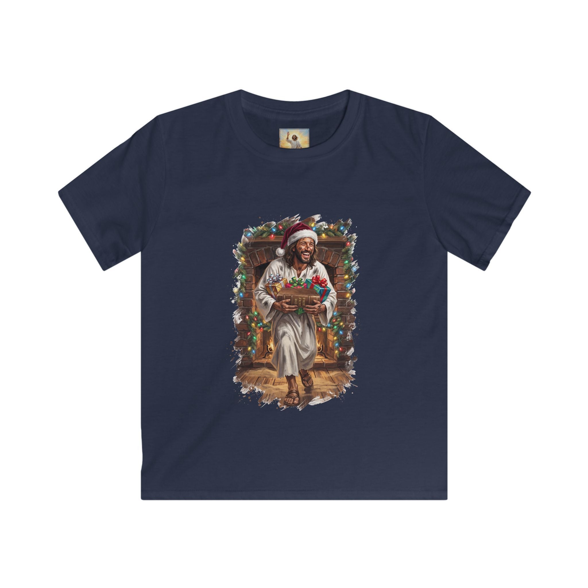 Kids Jesus Santa Hat Shirt | Jesus Down the Chimney with Gifts Funny Christmas Kids T Shirt | Joyful Jesus