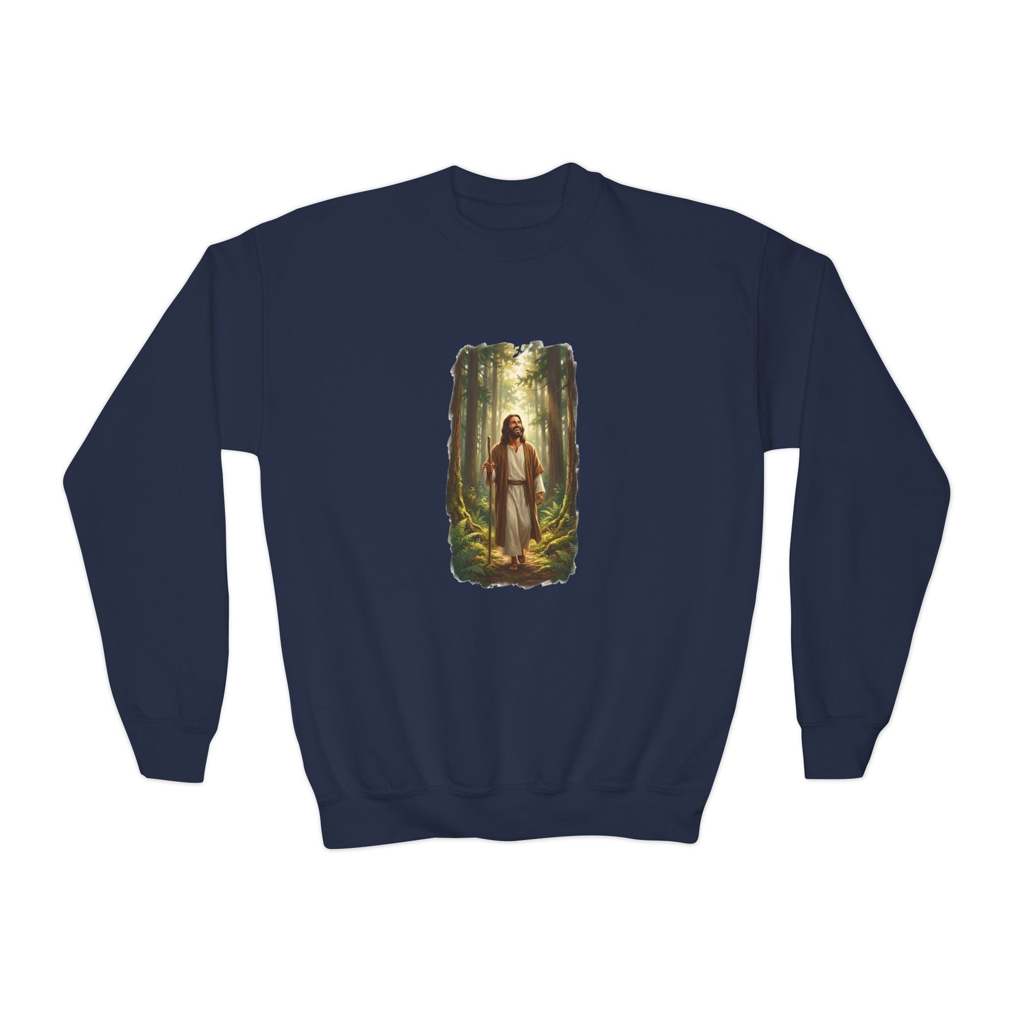 Kids Religious Sweatshirt | Jesus Walking in the Woods Christian Kids Crewneck Sweatshirt | Faith Sweatshirt