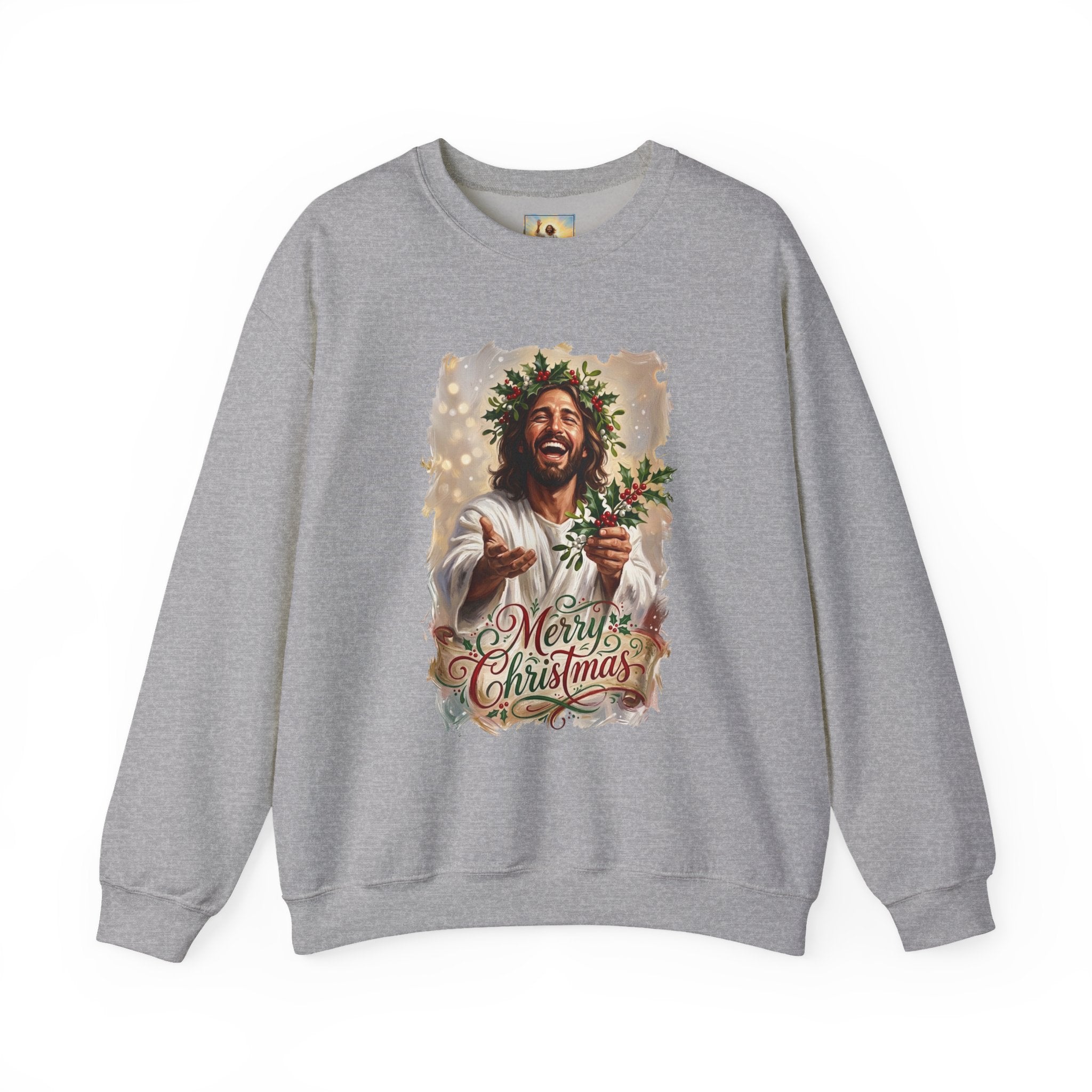 Merry Christmas Jesus Sweatshirt | Laughing Jesus with Holly Christian Crewneck | Joyful Jesus
