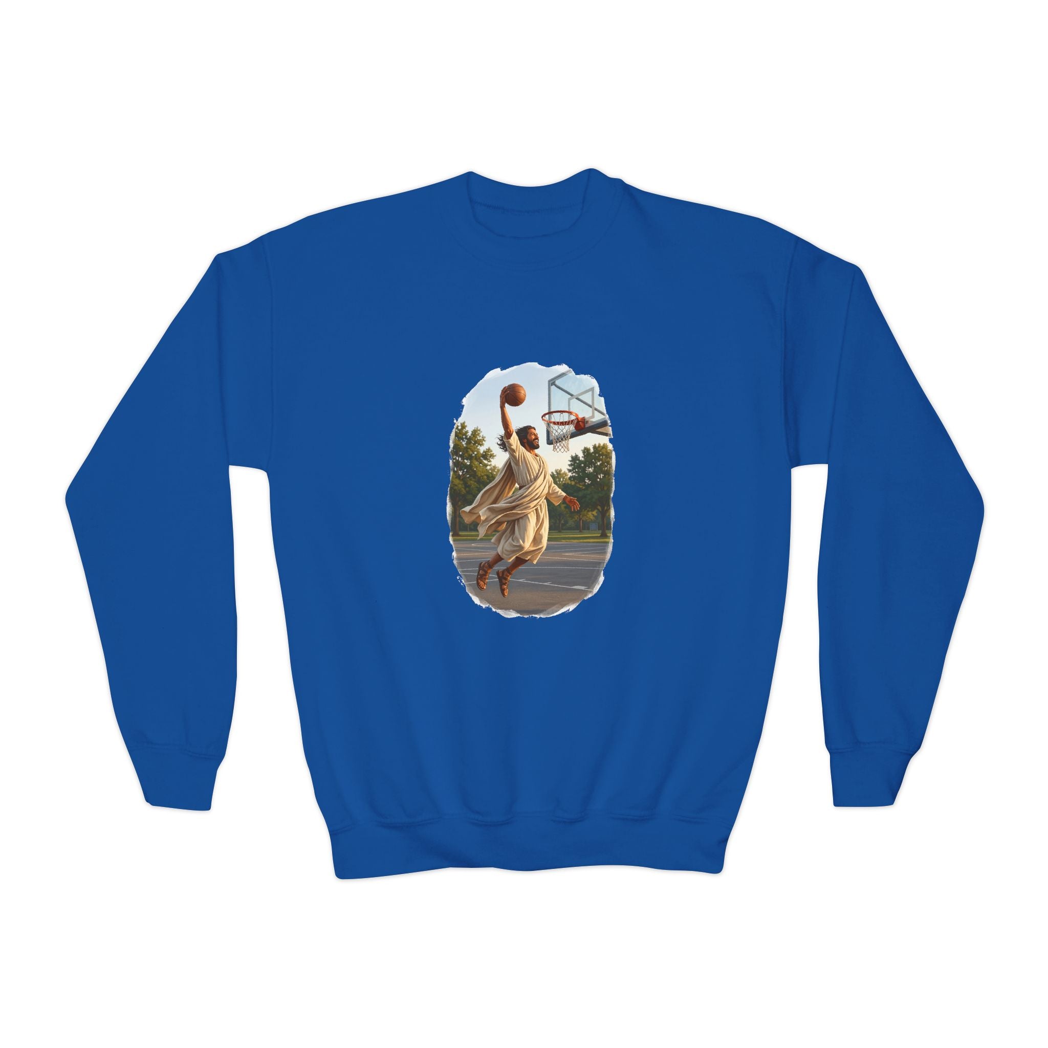 Kids Jesus Dunking Sweatshirt | Jesus Slam Dunk Funny Christian Basketball Kids Crewneck Sweatshirt | Joyful Jesus