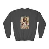 Kids Merry Christmas Jesus Sweatshirt | Laughing Jesus with Holly Christian Christmas Kids Crewneck Sweatshirt | Joyful Jesus