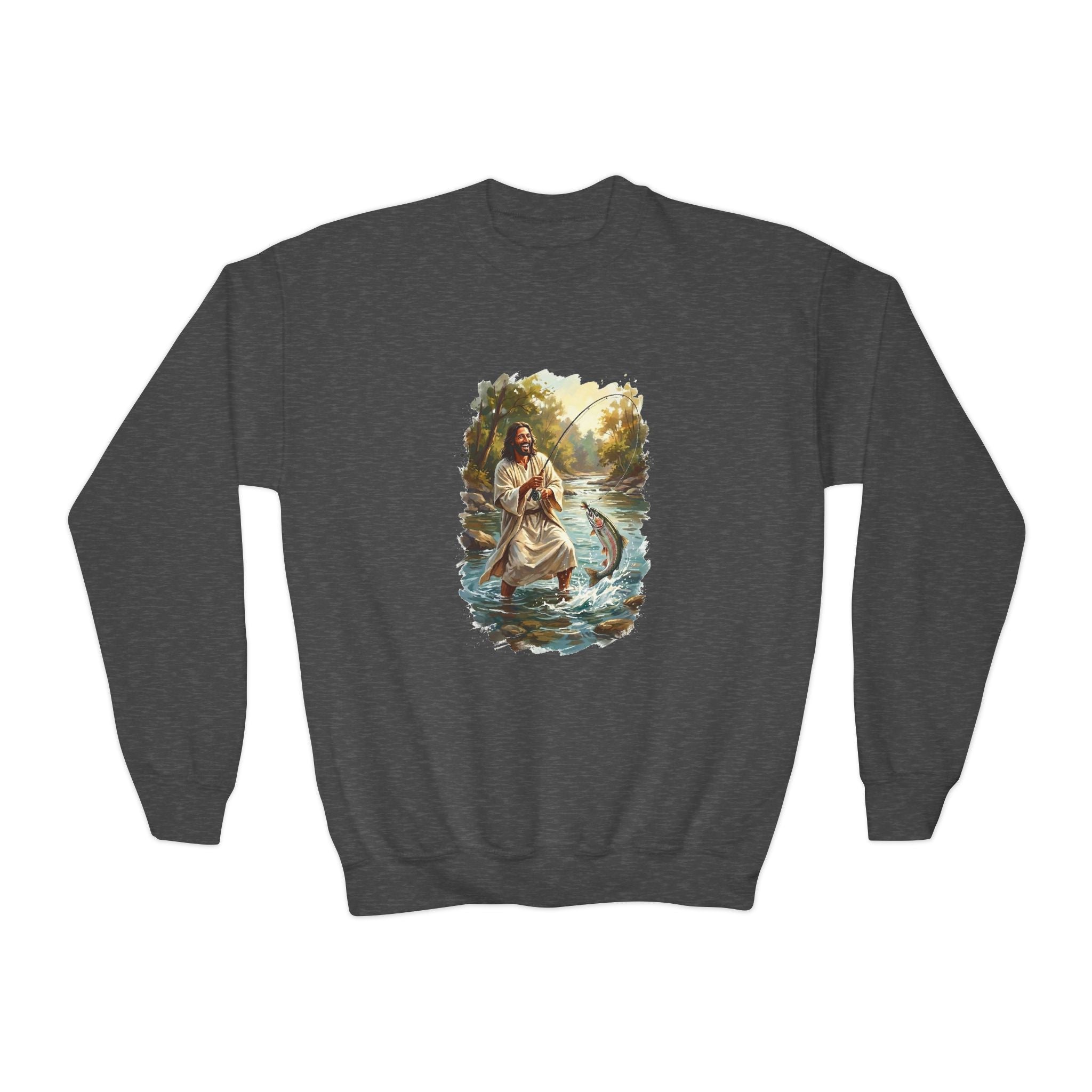 Kids Jesus Sweatshirt | Fly Fishing Jesus Christian Kids Crewneck Sweatshirt | Joyful Jesus God Sweatshirt