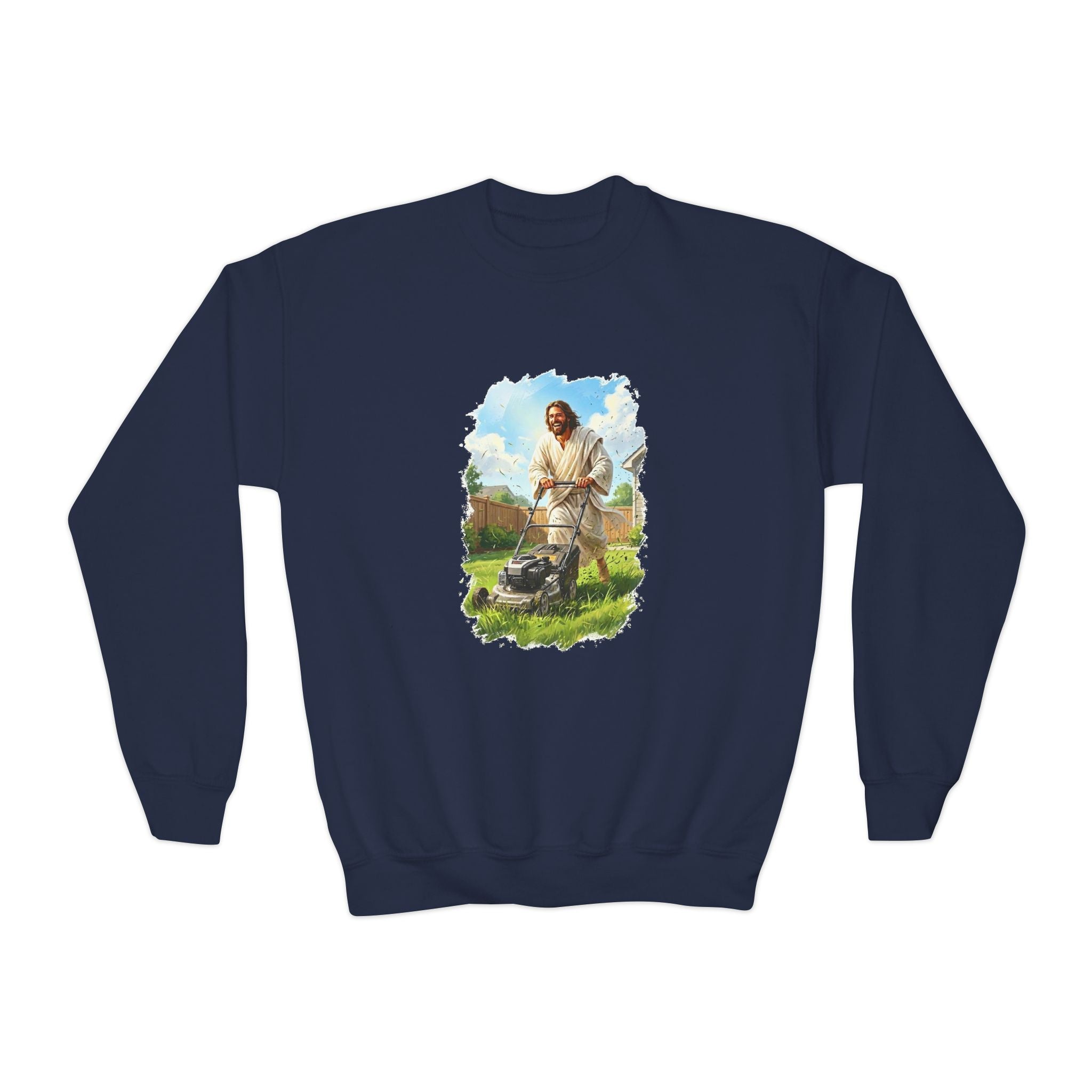 Kids Jesus Sweatshirt | Jesus Mowing the Lawn Funny Kids Crewneck Sweatshirt | Joyful Jesus
