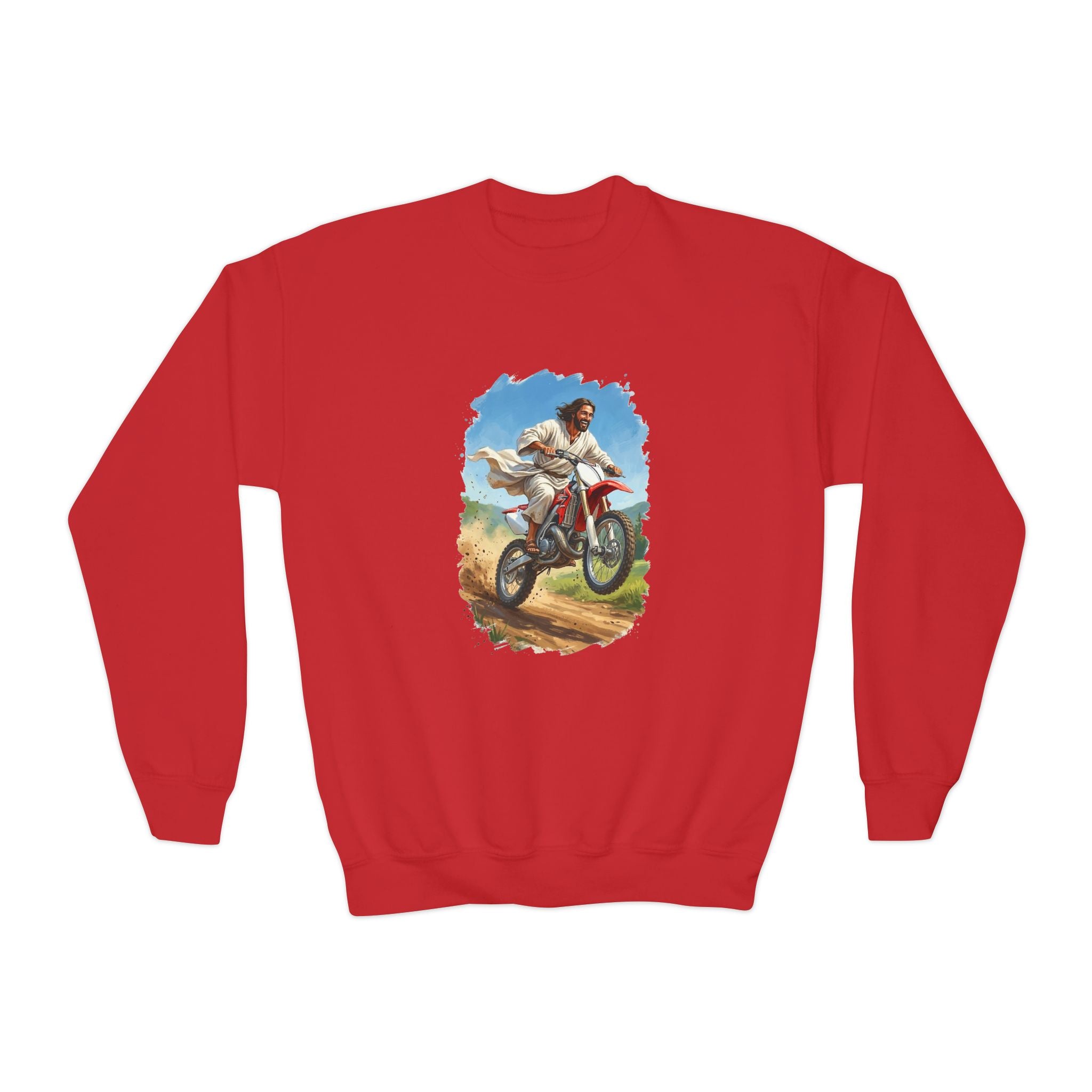 Kids Funny Jesus Sweatshirt | Jesus on a Dirtbike Christian Kids Crewneck Sweatshirt | Joyful Jesus