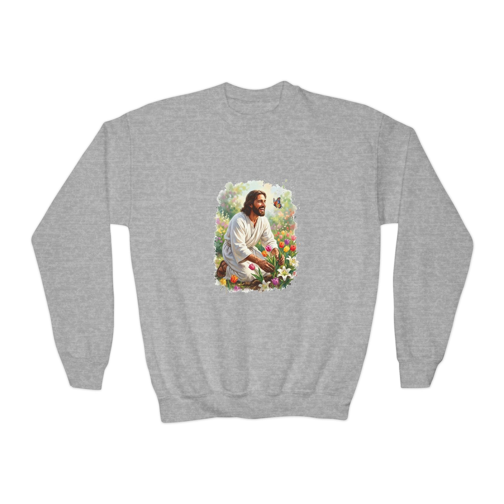 Kids Religious Sweatshirt | Jesus in the Garden Christian Kids Crewneck Sweatshirt | Joyful Jesus