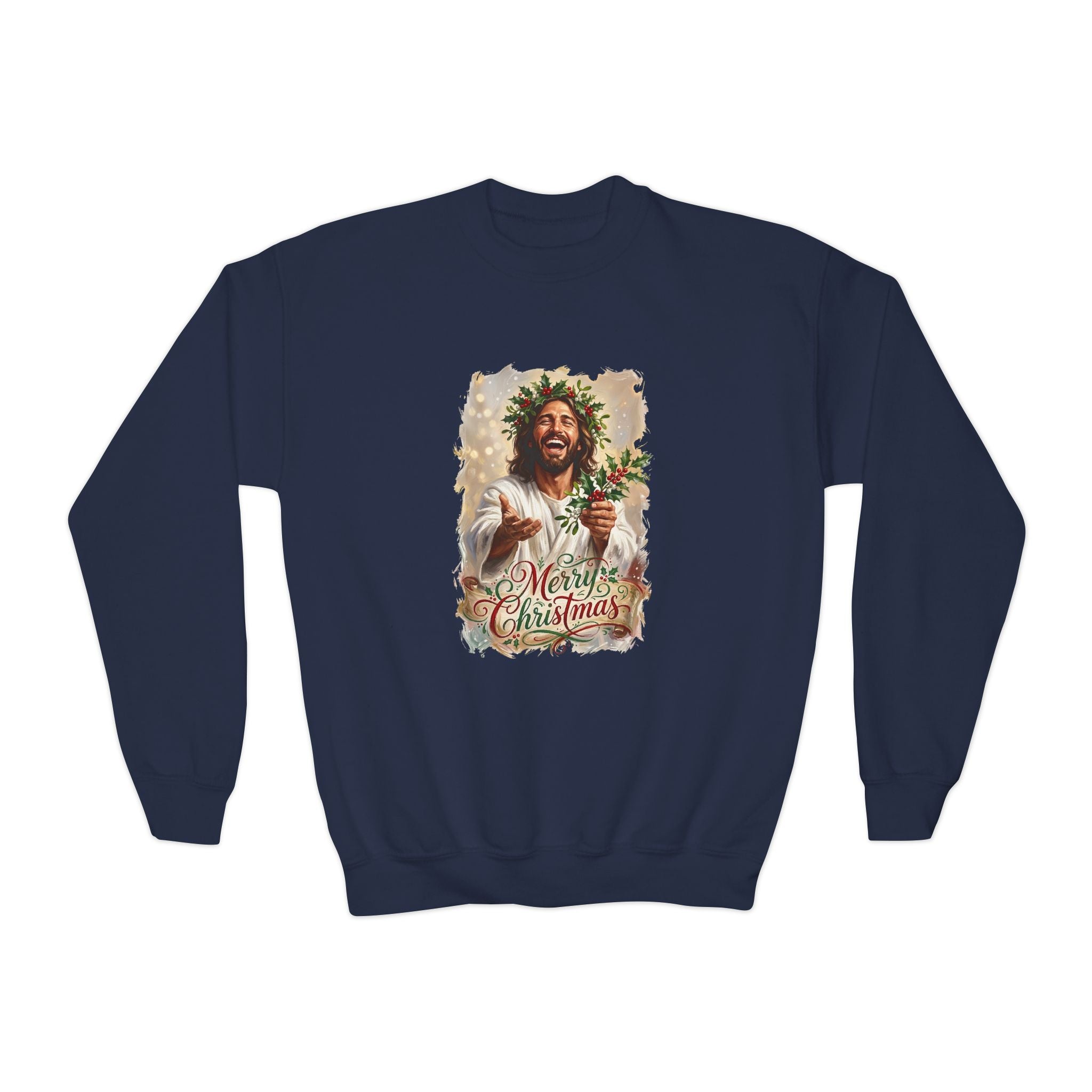 Kids Merry Christmas Jesus Sweatshirt | Laughing Jesus with Holly Christian Christmas Kids Crewneck Sweatshirt | Joyful Jesus