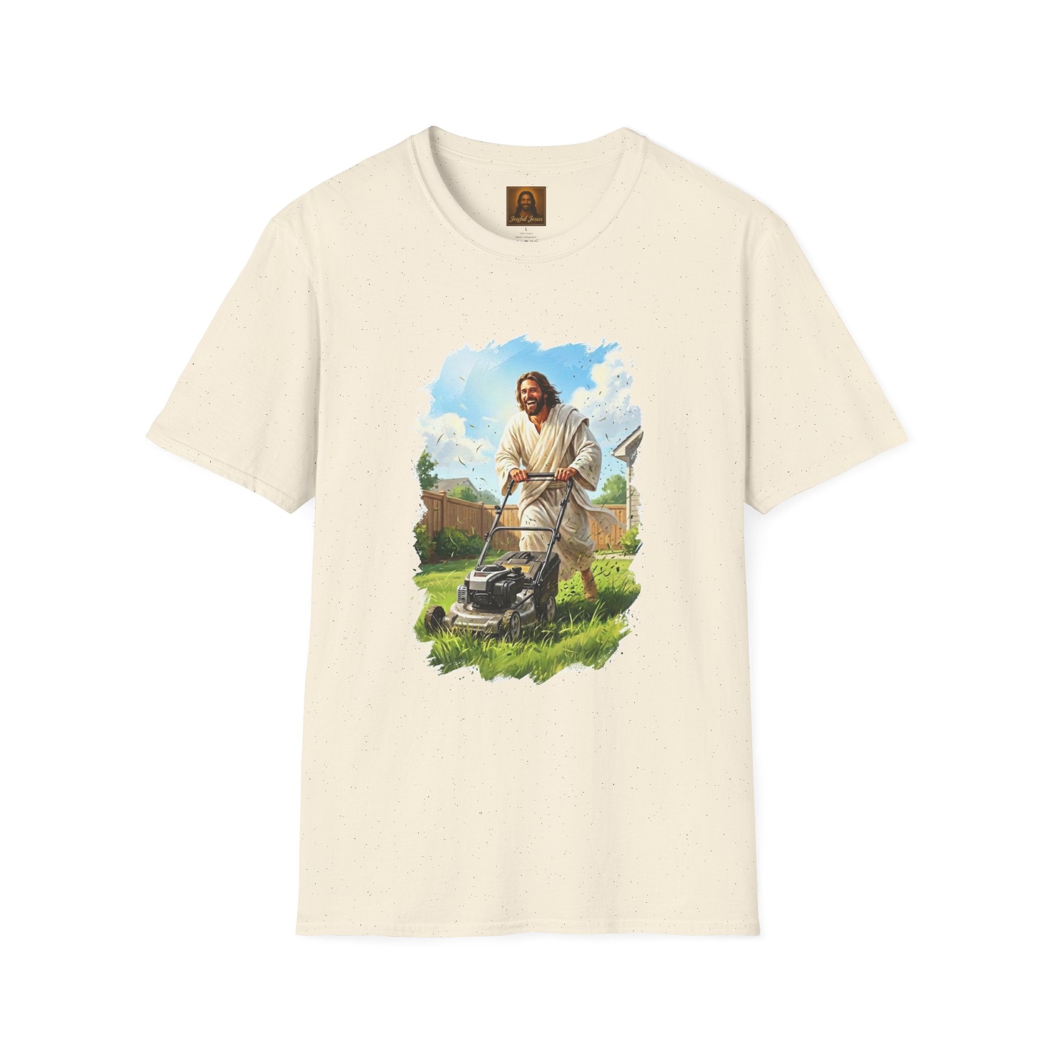 Jesus Mowing Lawn T-Shirt | Jesus with Lawn Mower, Religious Humorous Tee