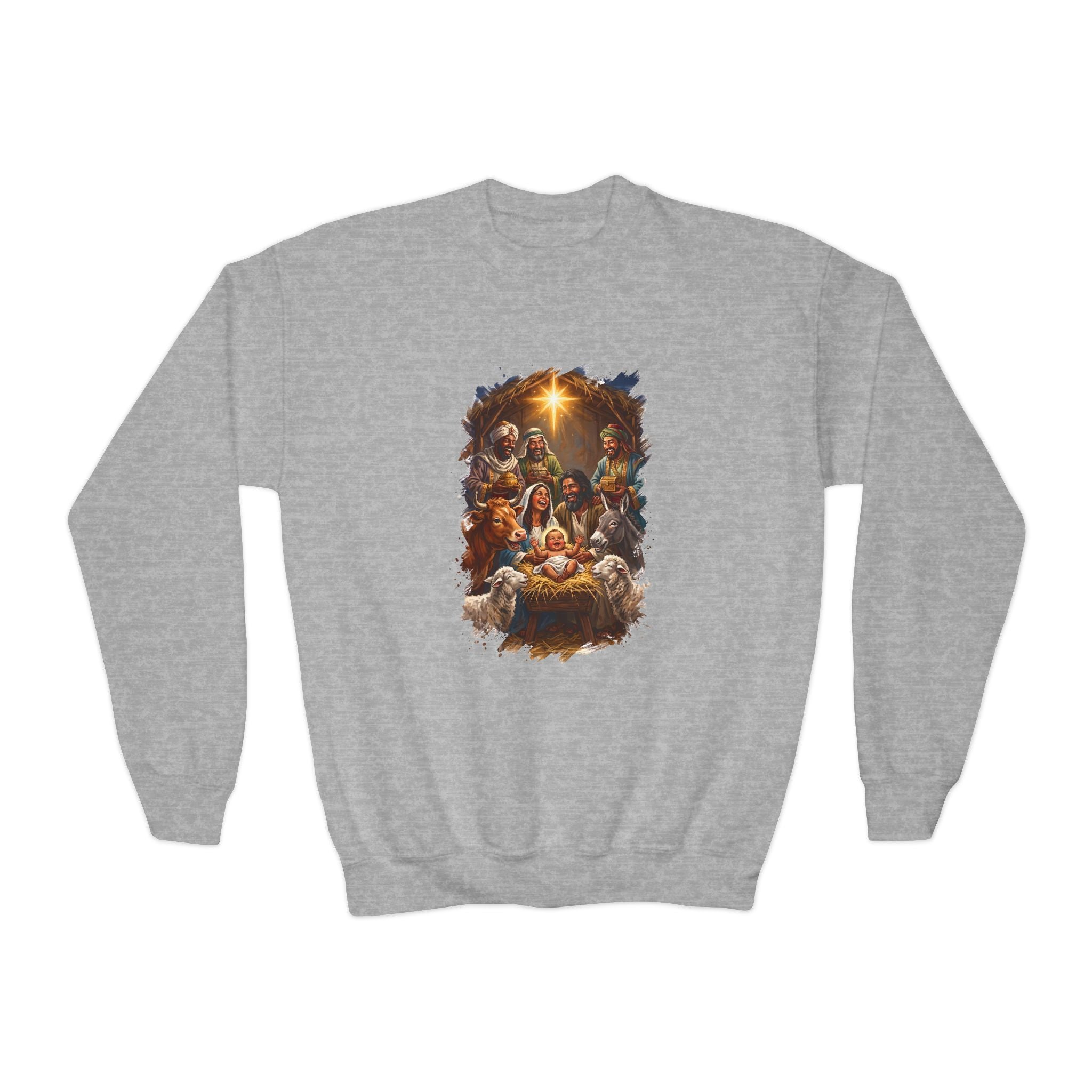 Kids Nativity Sweatshirt | Joyful Nativity Scene with Wise Men Christian Christmas Kids Crewneck Sweatshirt | Joyful Jesus