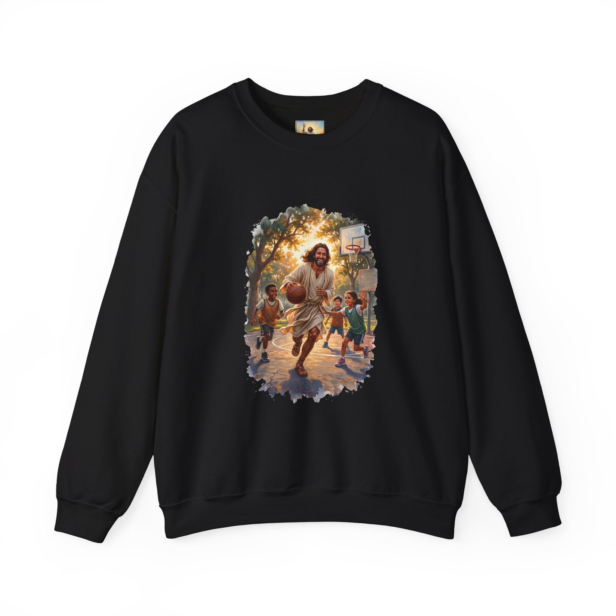 Jesus Basketball Sweatshirt | Jesus Playing Basketball with Kids Christian Crewneck Sweatshirt | Joyful Jesus