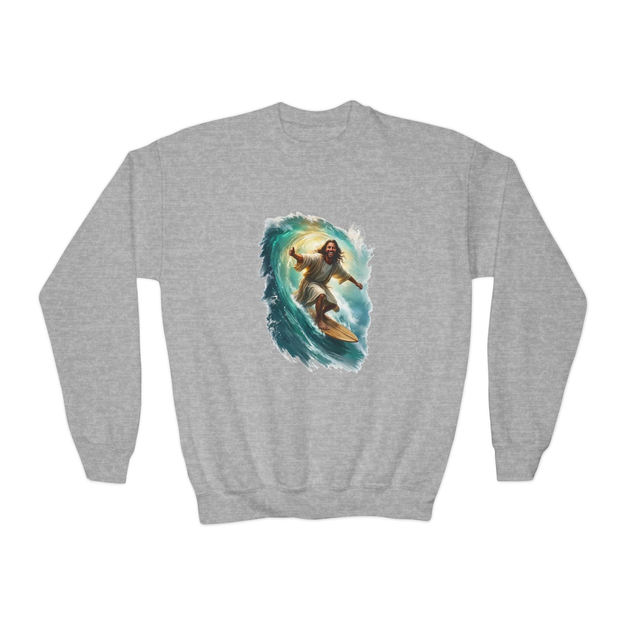 Kids Jesus Sweatshirt | Surfing Jesus Funny Christian Kids Crewneck Sweatshirt | Joyful Jesus