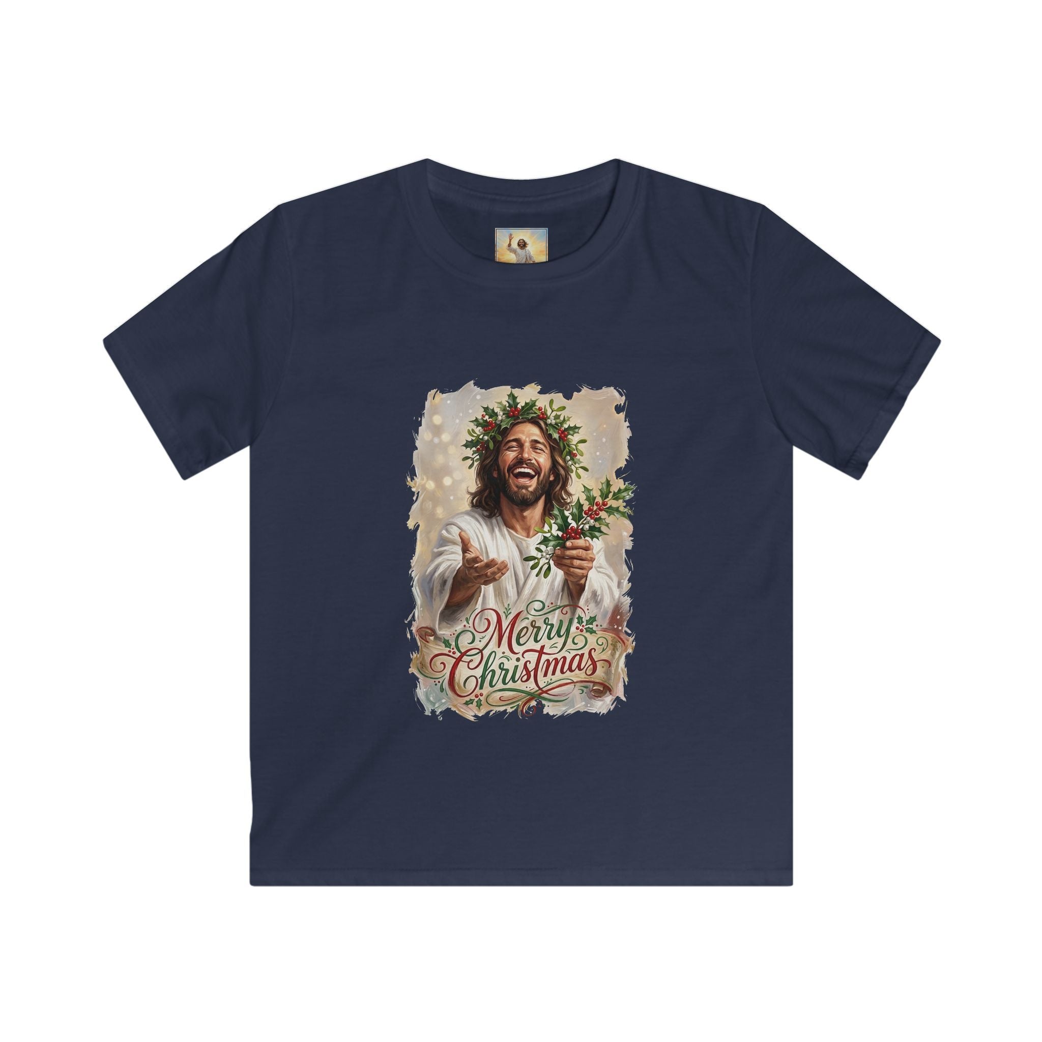 Kids Merry Christmas Jesus Shirt | Laughing Jesus with Holly Christian Christmas Kids T Shirt | Joyful Jesus