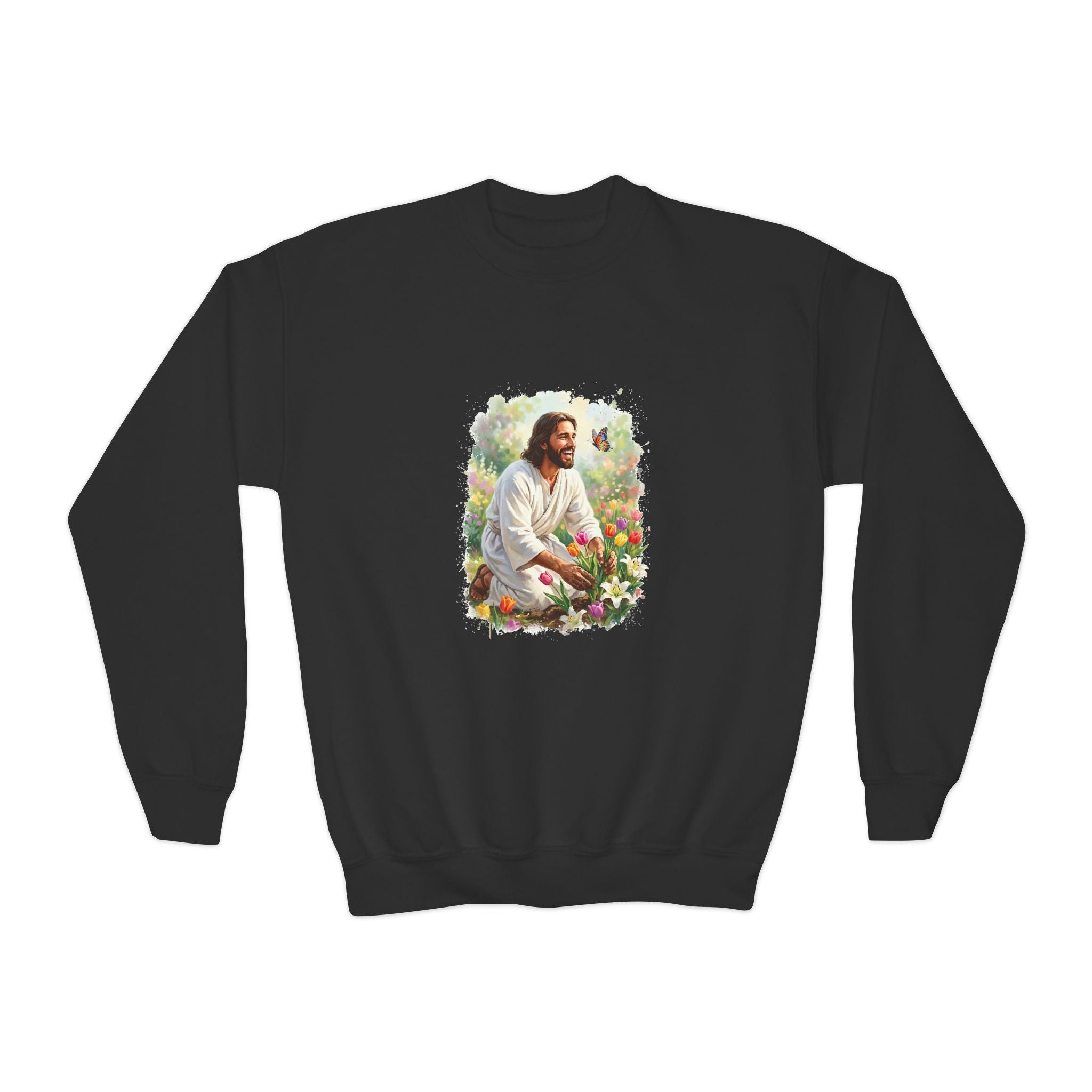 Kids Religious Sweatshirt | Jesus in the Garden Christian Kids Crewneck Sweatshirt | Joyful Jesus