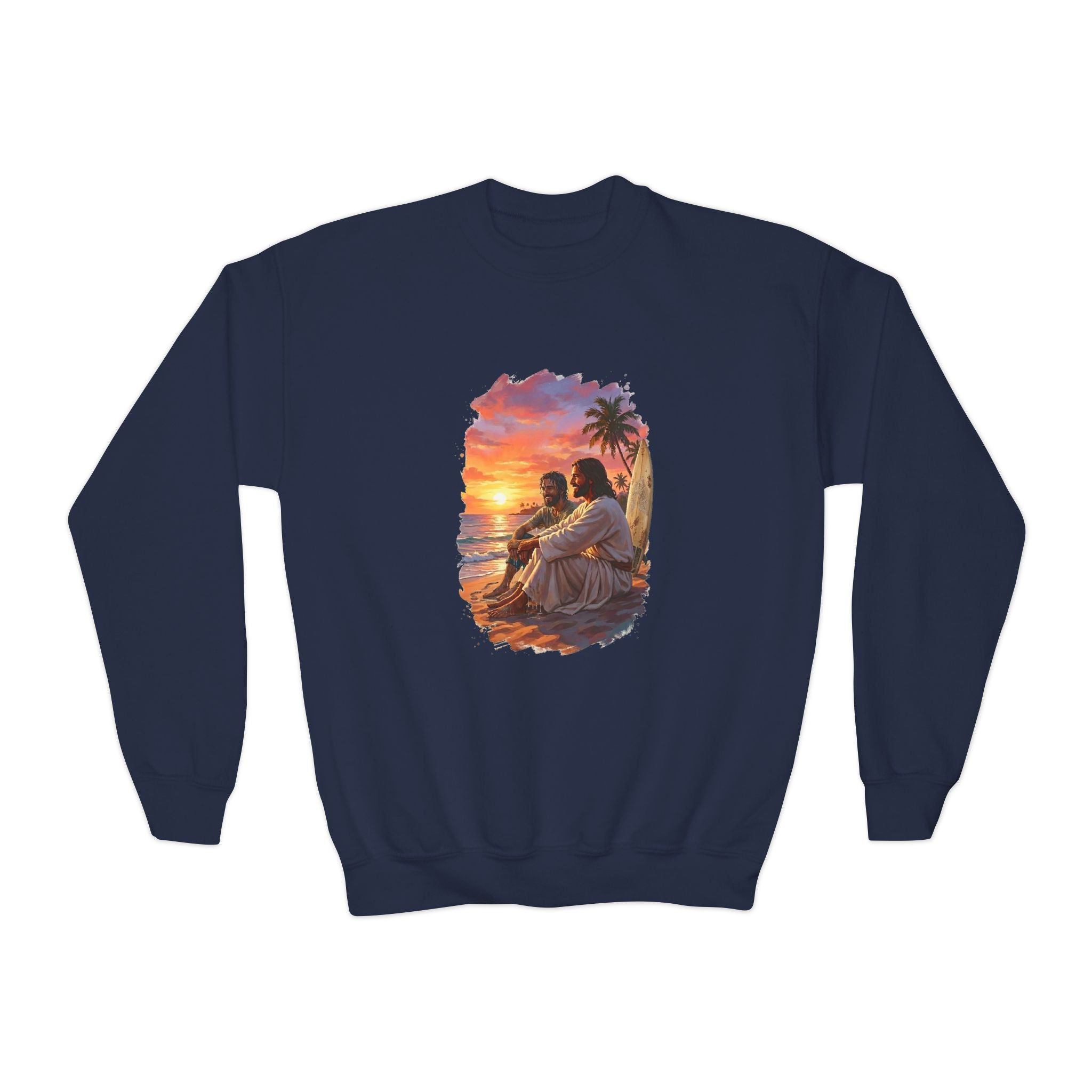 Kids Jesus Sweatshirt | Jesus on the Beach Christian Apparel Kids Crewneck Sweatshirt | Joyful Jesus Faith Sweatshirt
