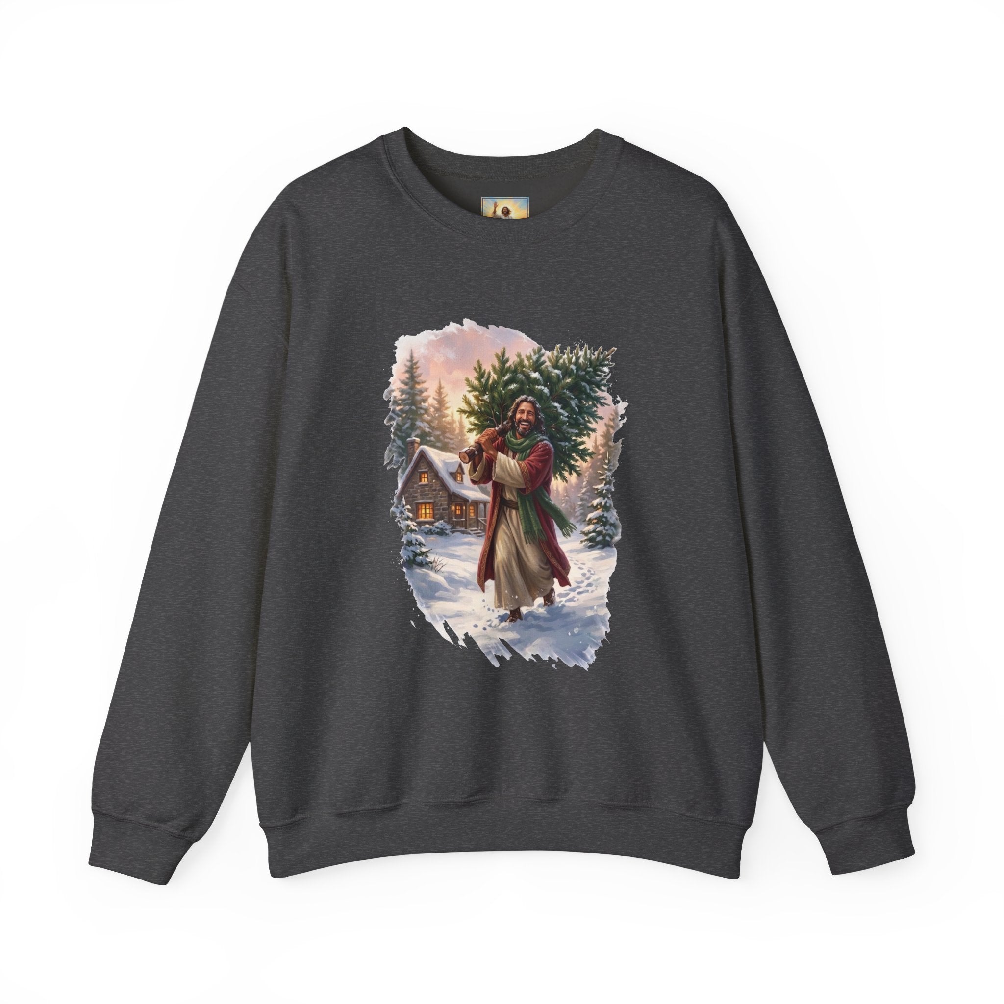 Jesus Christmas Tree Sweatshirt | Jesus Carrying a Christmas Tree Christian Crewneck | Joyful Jesus