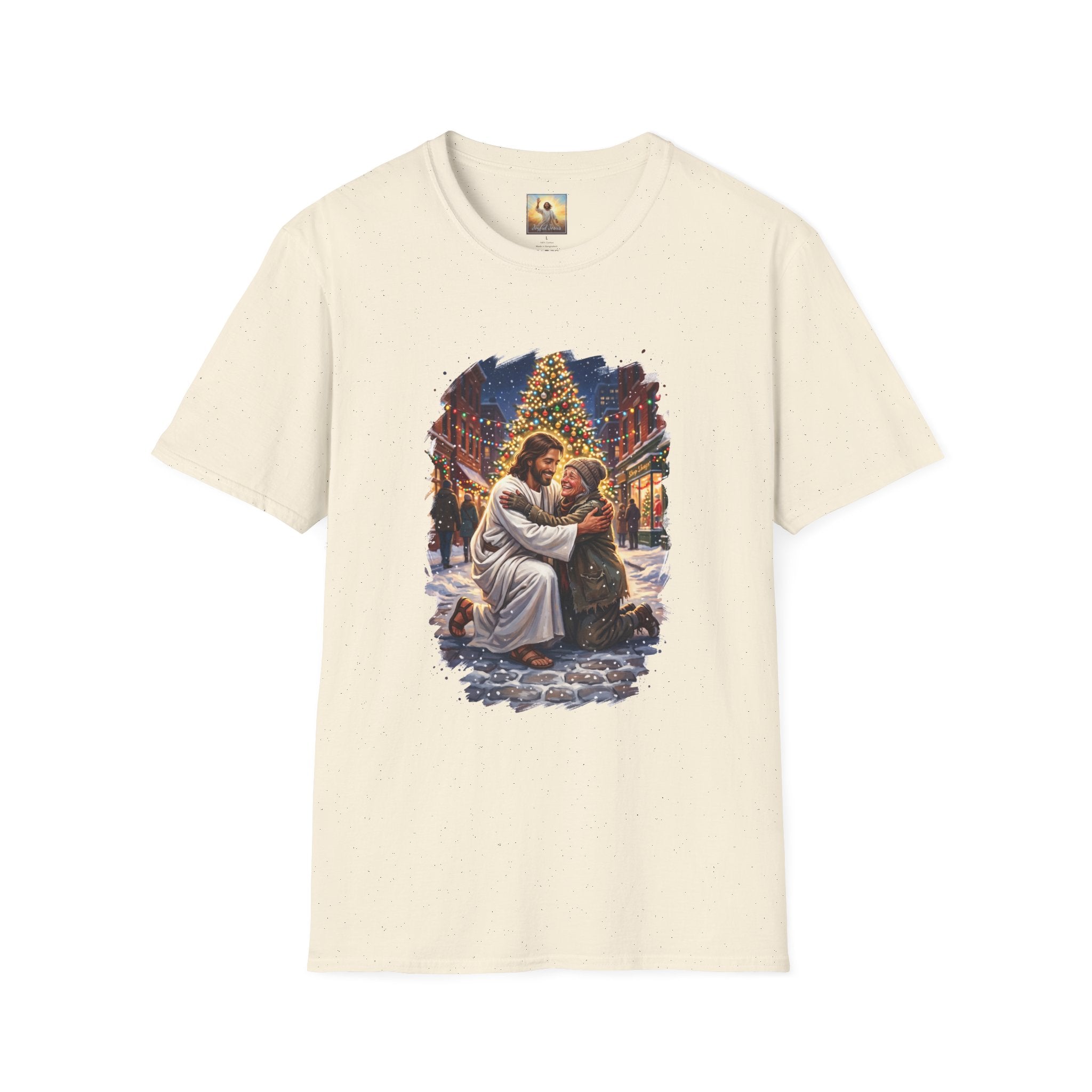 Jesus Hug Shirt | Jesus Embracing a Stranger on Christmas Night Christian Tee | Joyful Jesus