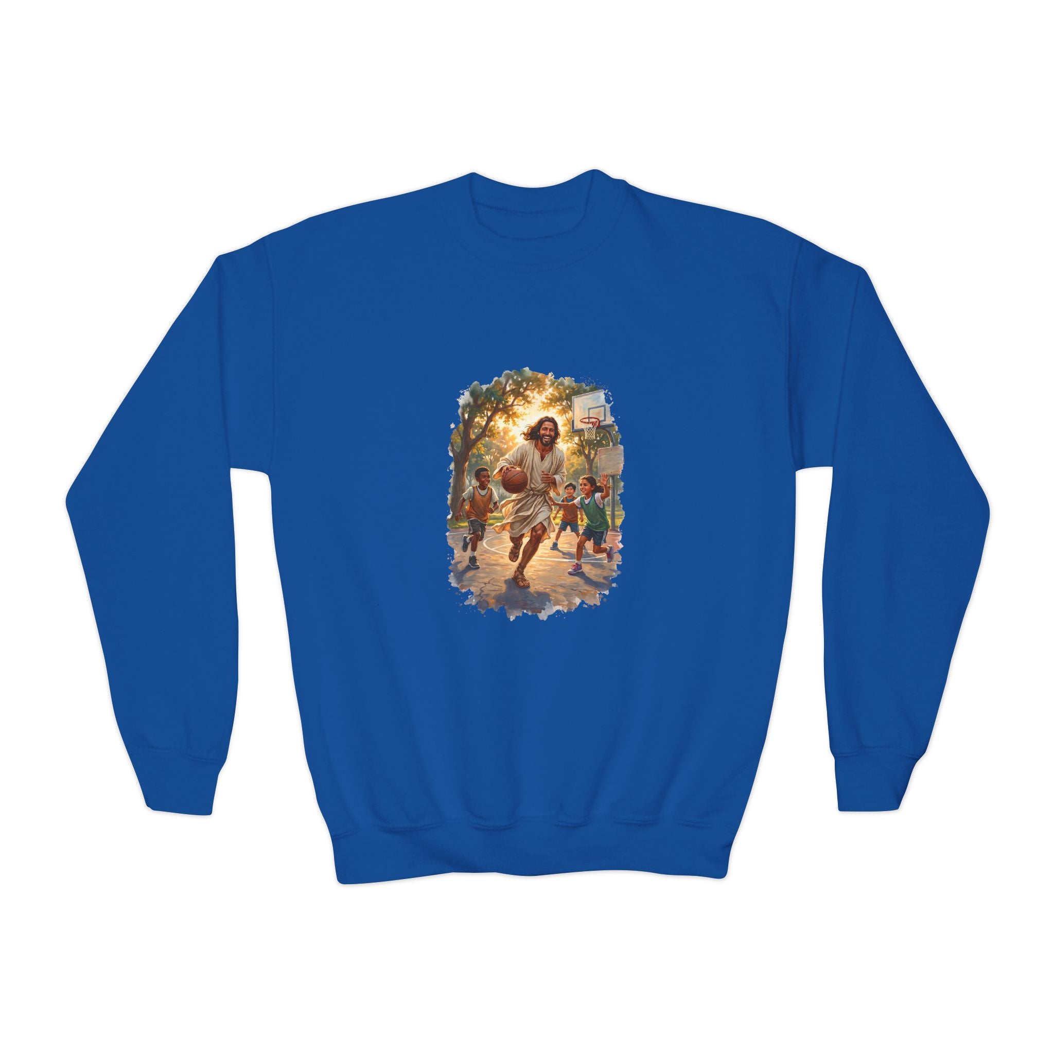 Kids Jesus Basketball Sweatshirt | Jesus Playing Basketball with Kids Christian Kids Crewneck Sweatshirt | Joyful Jesus