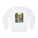 Kids Christian Sweatshirt | Jesus with Baby Otters Funny Christian Kids Crewneck Sweatshirt | Joyful Jesus