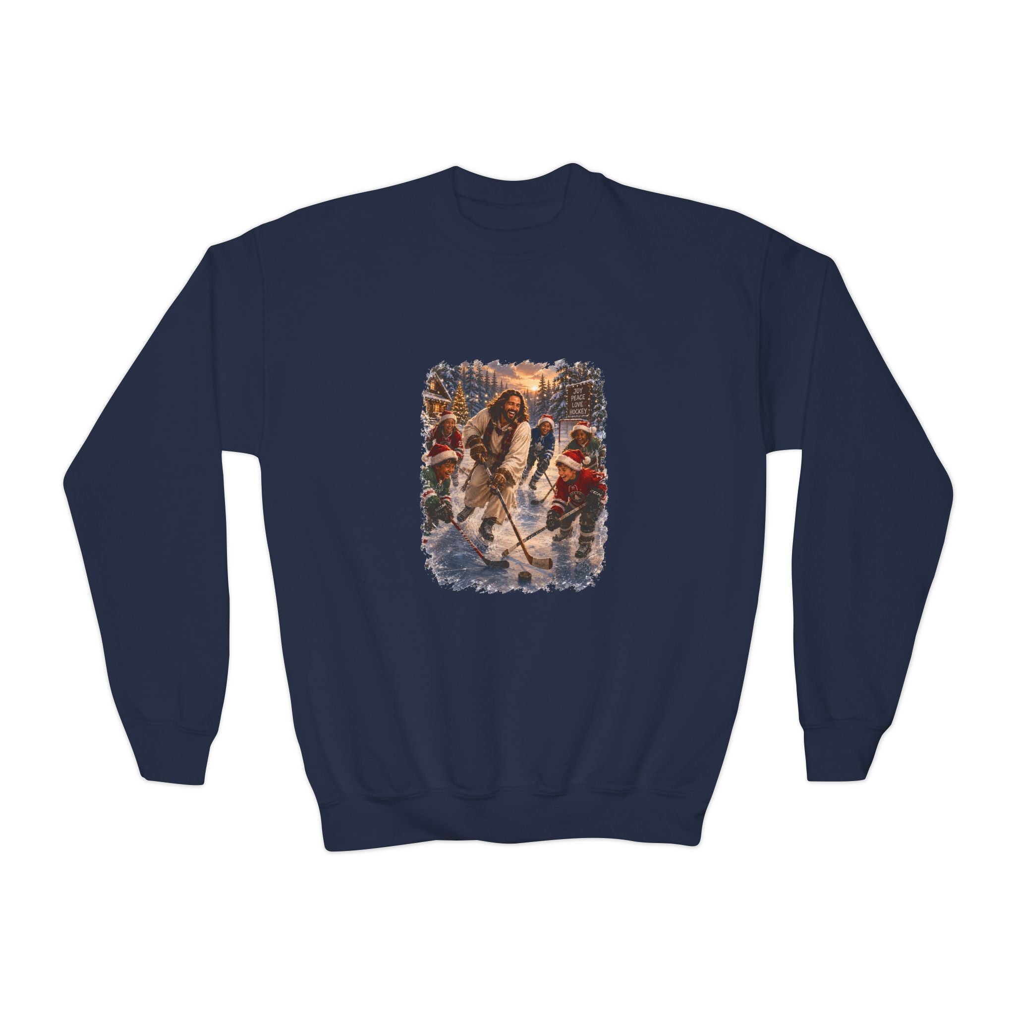 Kids Jesus Hockey Sweatshirt | Jesus Playing Hockey with Kids Christian Christmas Kids Crewneck Sweatshirt | Joyful Jesus