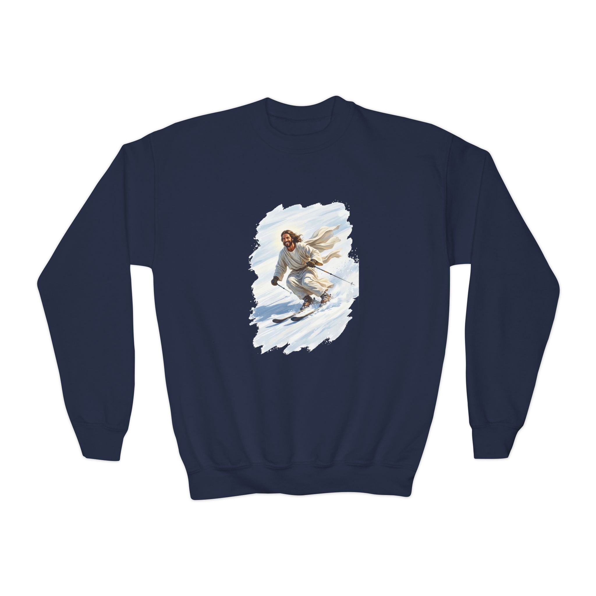 Kids Jesus Sweatshirt | Skiing Jesus Christian Apparel Kids Crewneck Sweatshirt | Joyful Jesus Faith Sweatshirt