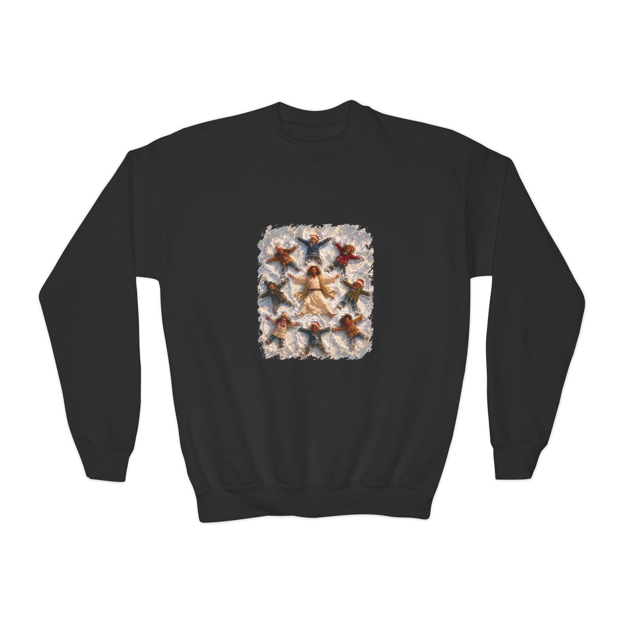 Kids Christmas Jesus Sweatshirt | Snow Angels with Jesus Christian Christmas Kids Crewneck Sweatshirt | Joyful Jesus