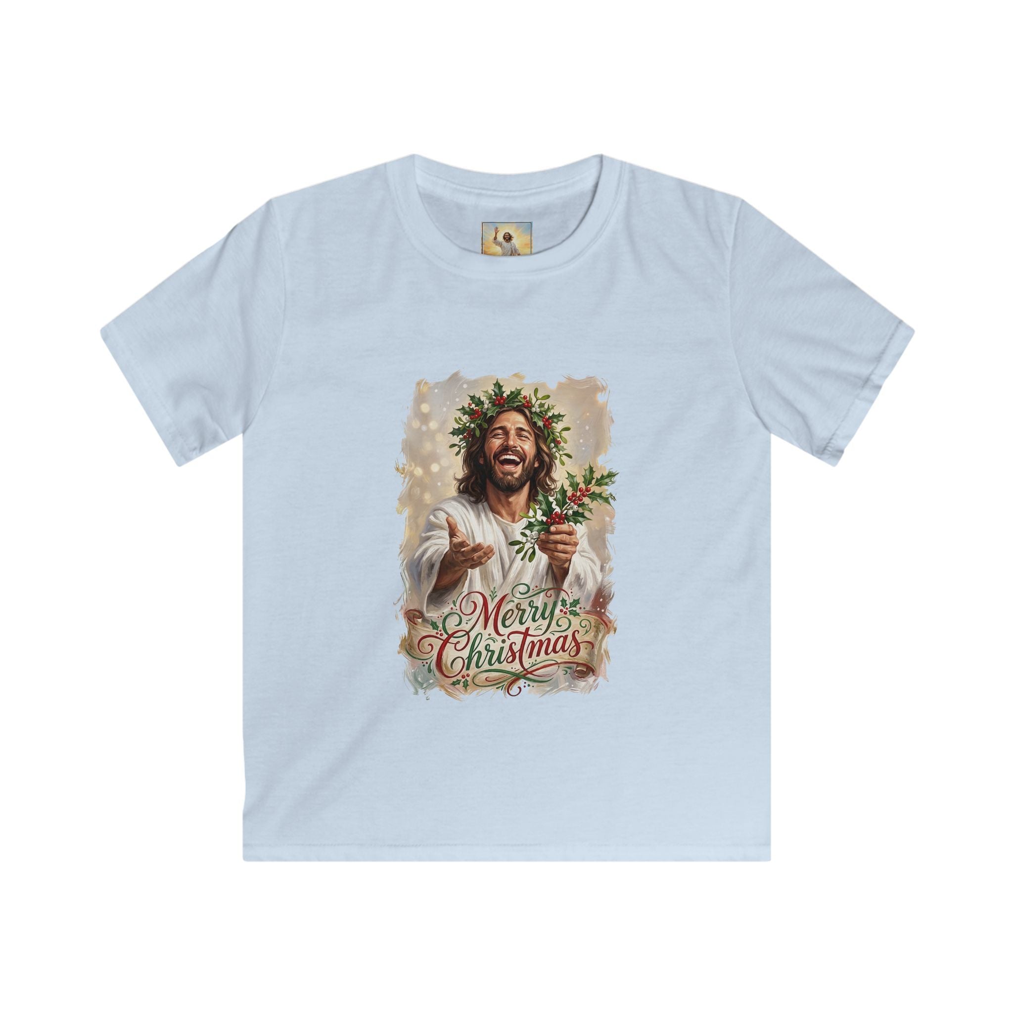 Kids Merry Christmas Jesus Shirt | Laughing Jesus with Holly Christian Christmas Kids T Shirt | Joyful Jesus