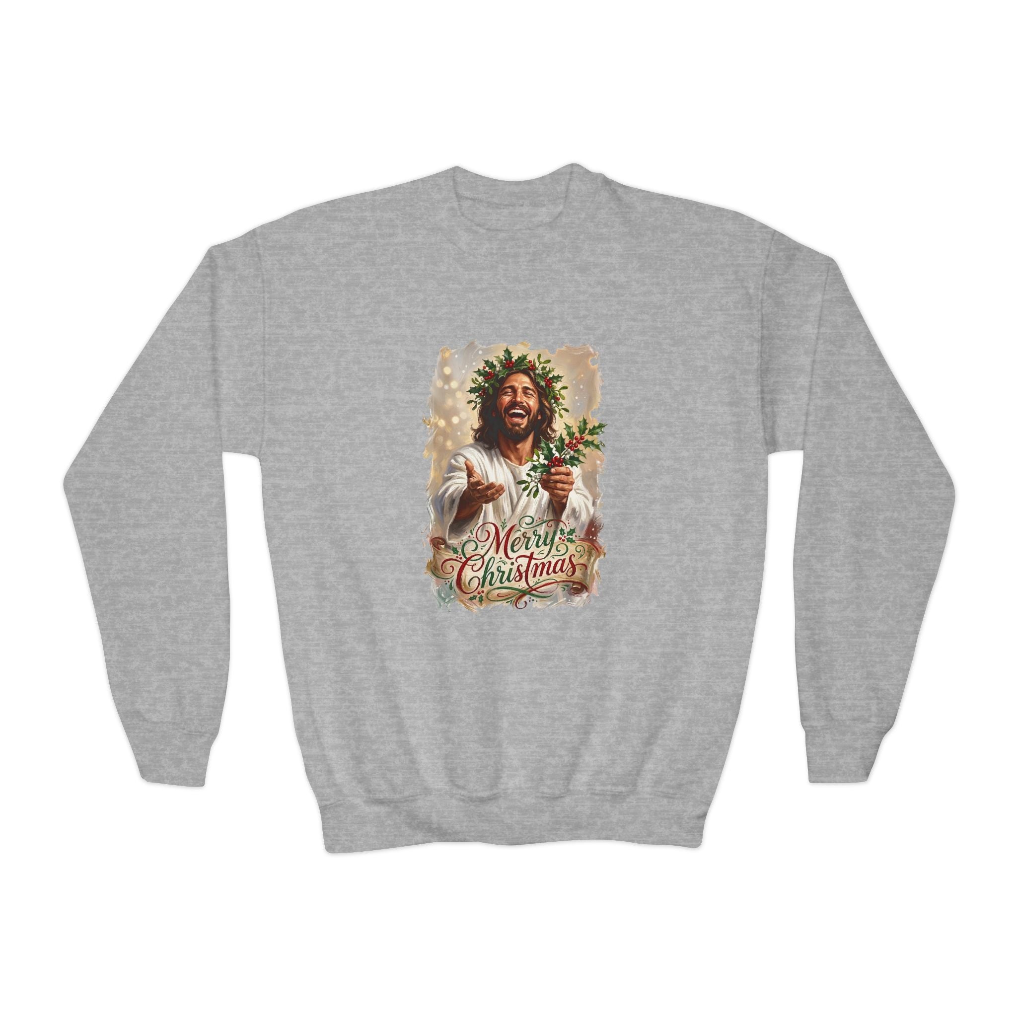 Kids Merry Christmas Jesus Sweatshirt | Laughing Jesus with Holly Christian Christmas Kids Crewneck Sweatshirt | Joyful Jesus