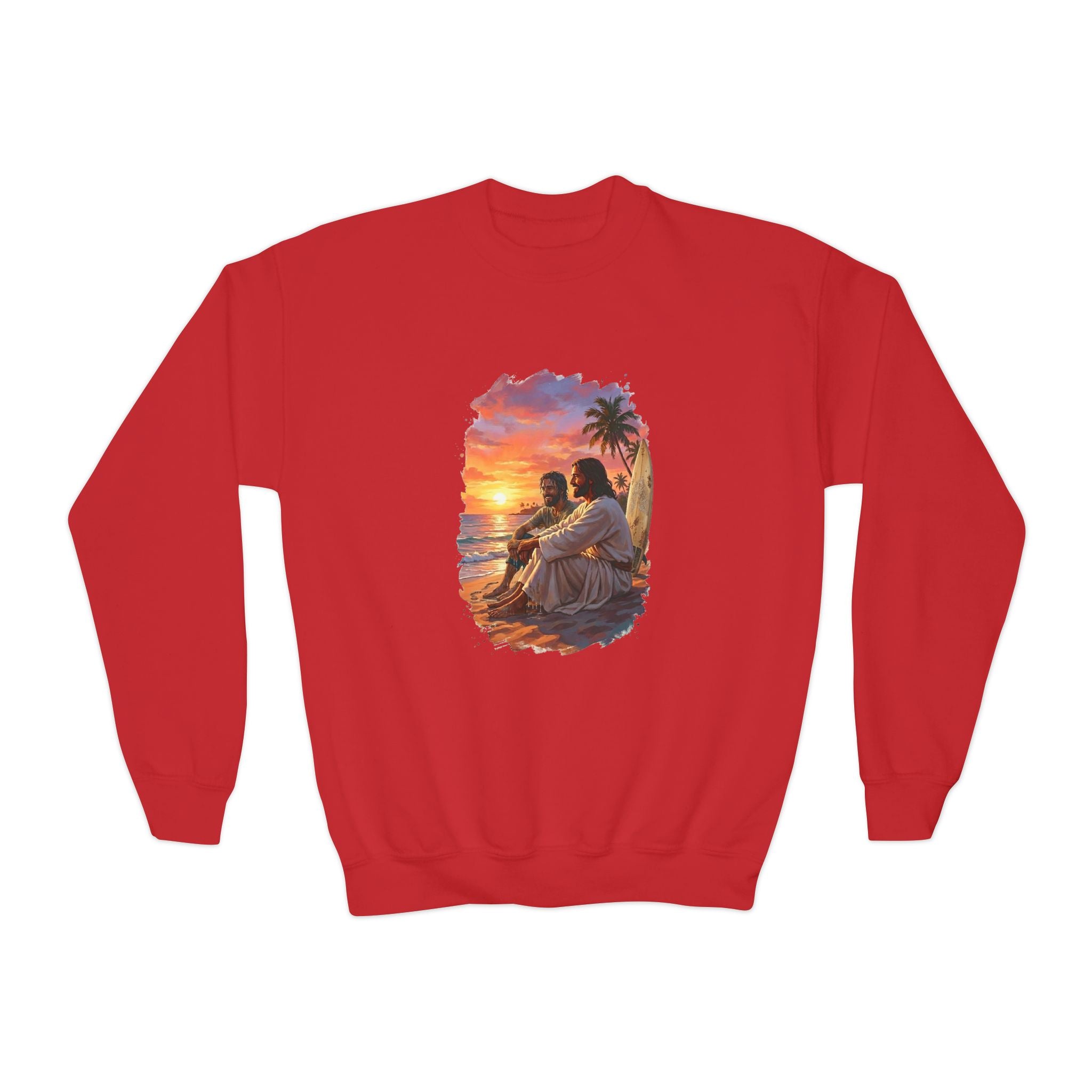 Kids Jesus Sweatshirt | Jesus on the Beach Christian Apparel Kids Crewneck Sweatshirt | Joyful Jesus Faith Sweatshirt