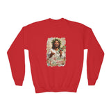 Kids Merry Christmas Jesus Sweatshirt | Laughing Jesus with Holly Christian Christmas Kids Crewneck Sweatshirt | Joyful Jesus