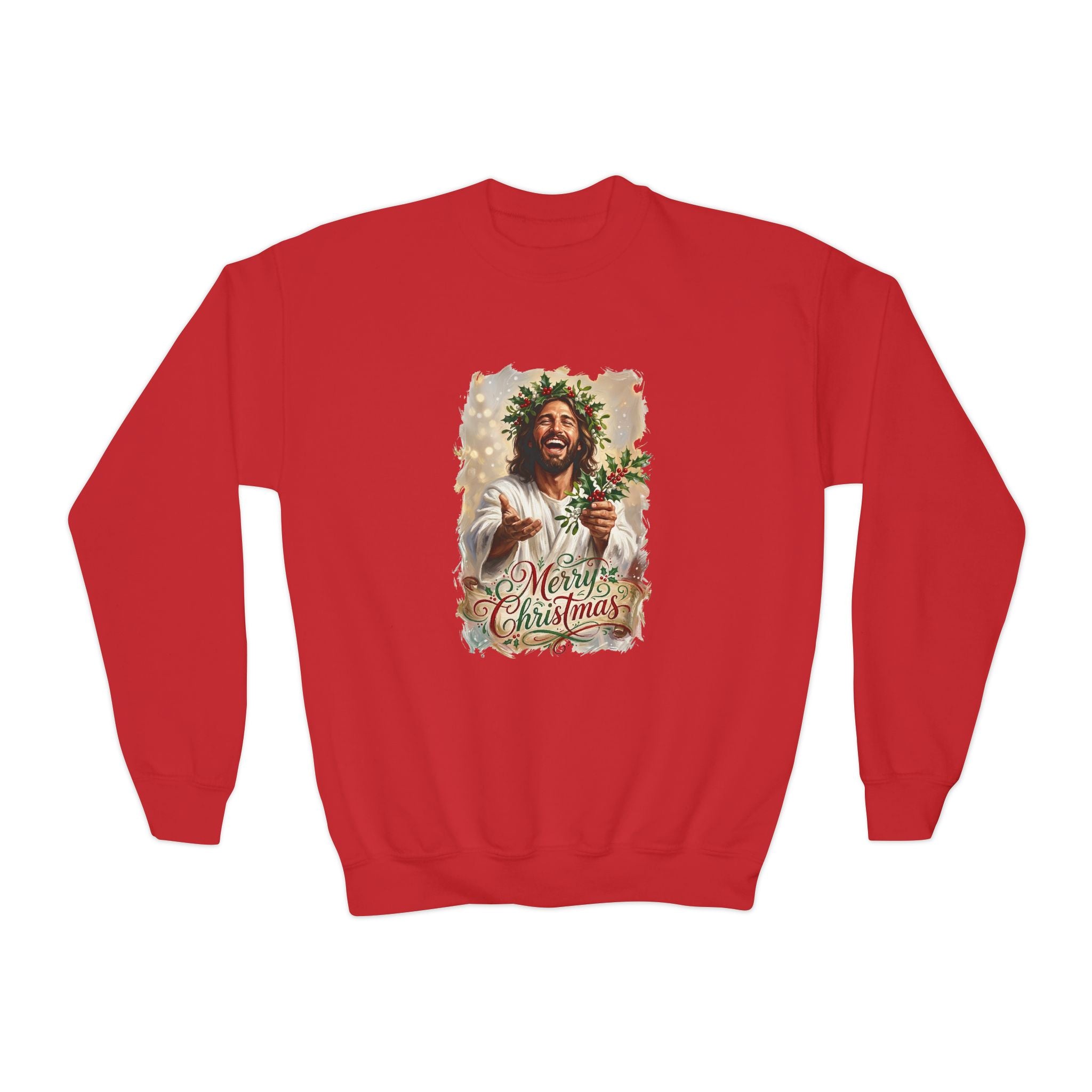 Kids Merry Christmas Jesus Sweatshirt | Laughing Jesus with Holly Christian Christmas Kids Crewneck Sweatshirt | Joyful Jesus